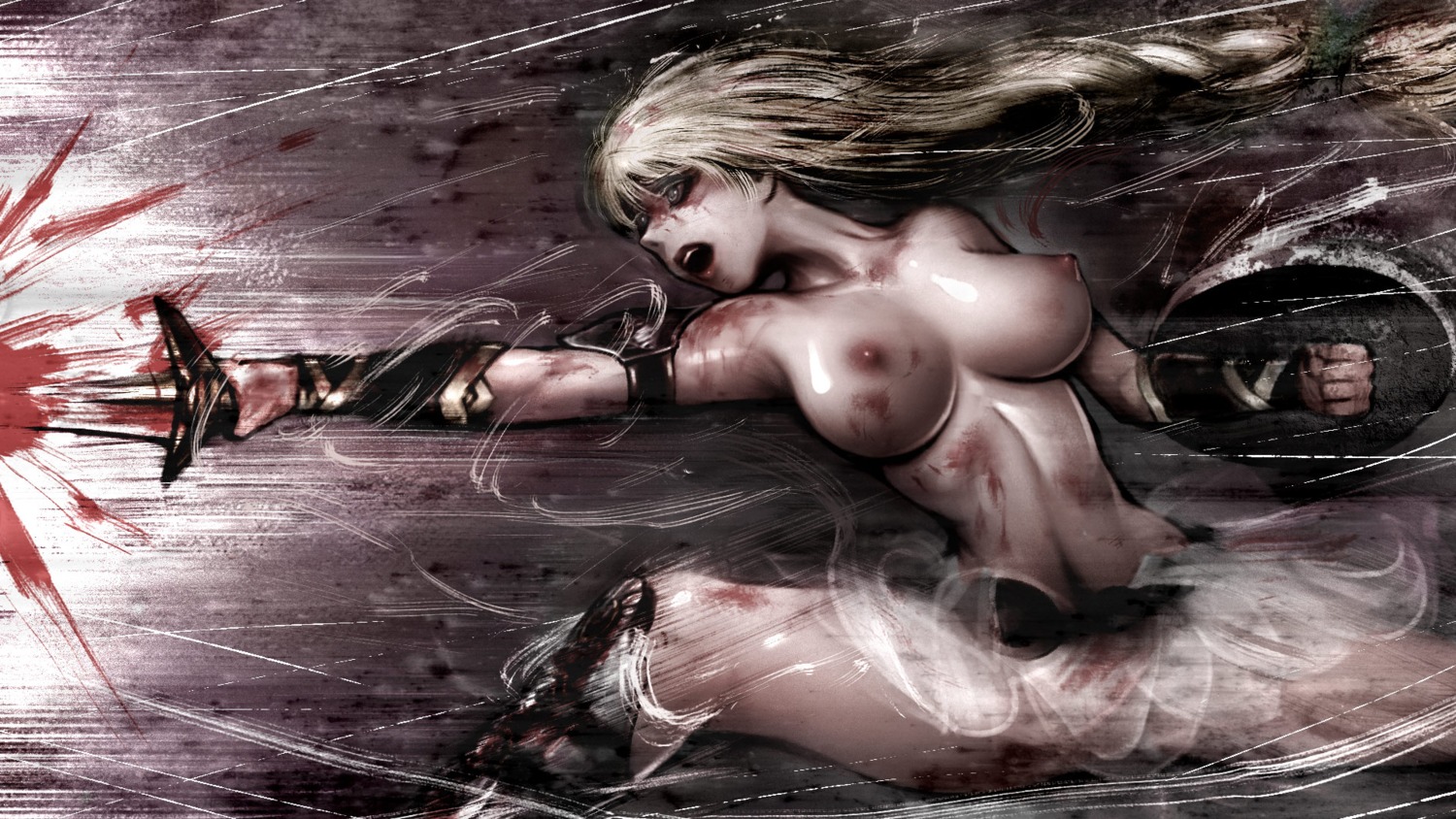 armband belt blonde_hair blood blue_eyes breasts female female_only highres human long_hair midriff milf miniskirt namco nipples rule34 shield shirtless skirt solo sophitia_alexandra soul_calibur soul_calibur_iv sword topless weapon wristband yojiro_morioka