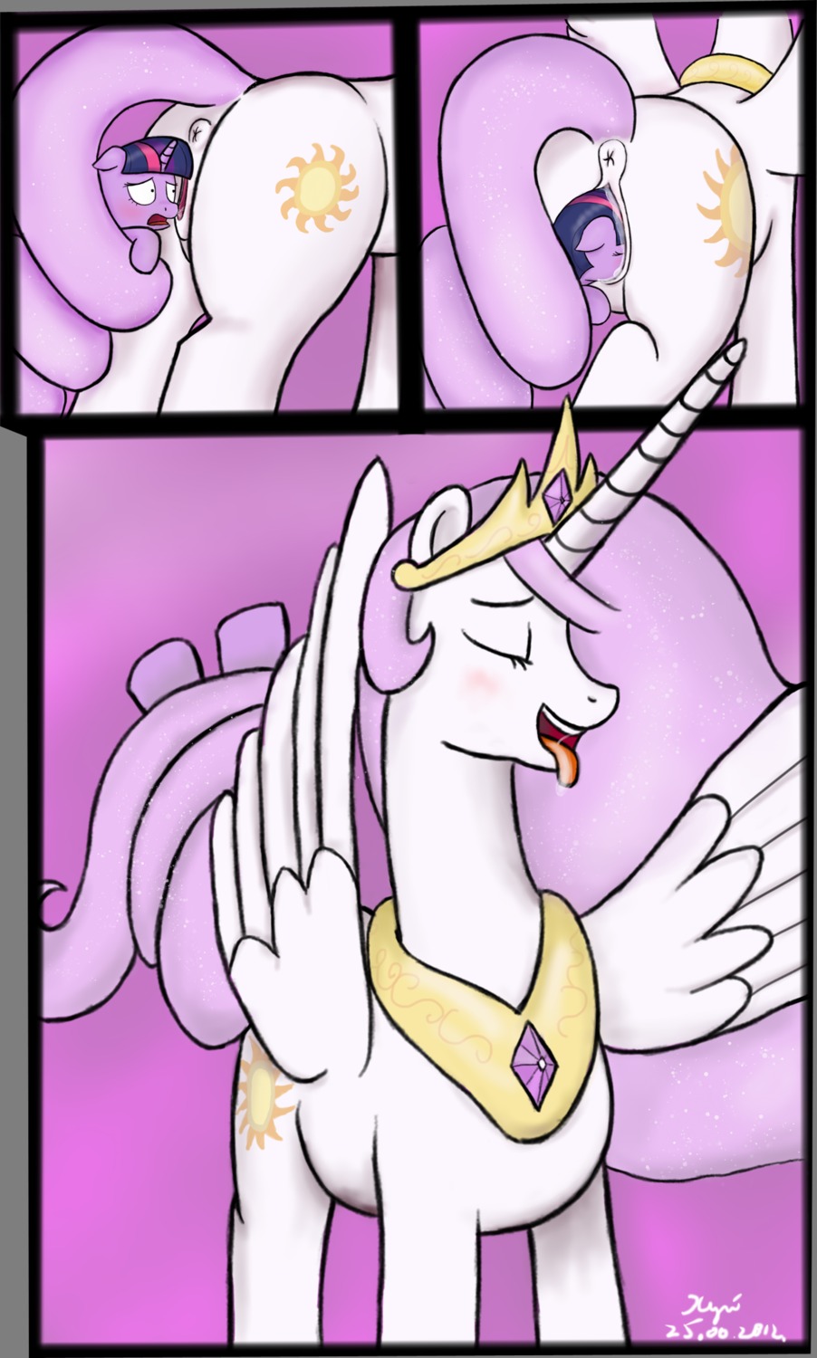 2012 absurd_res anthro anthro_pred anthro_prey anus blush bodily_fluids butt comic cutie_mark duo e621 equid equine eyes_closed fan_character feathered_wings feathers female feral friendship_is_magic fur genitals hair hasbro hi_res horn long_hair mammal multicolored_hair my_little_pony mythological_creature mythological_equine mythology penetration princess princess_celestia_(mlp) princess_molestia purple_body purple_eyes purple_fur purple_hair quadruped royalty saliva smile tail twilight_sparkle_(mlp) two_tone_hair unbirthing unicorn vaginal vore vulva winged_unicorn wings xyi