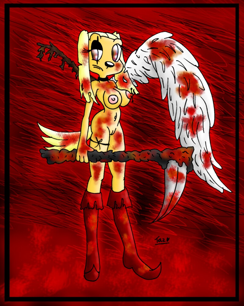 alternate_breast_size anthro blood boots brandy_&amp;_mr_whiskers brandy_harrington breasts canine disney disney_channel dog female female_only footwear fur furry furry_breasts furry_tail holding innocenttazlet mammal nipples rule34 scythe solo standing tagme tail what wings