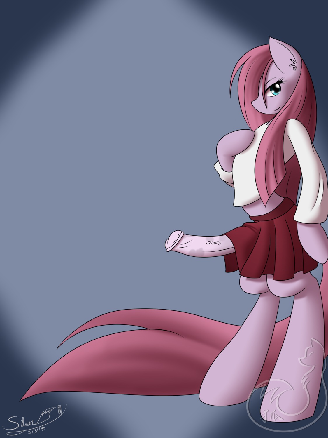 2014 3:4 animal_genitalia animal_penis anthro biped blue_eyes bottomwear clothing e621 earth_pony equid equine equine_genitalia equine_penis erection friendship_is_magic fur genitals gynomorph hair hasbro hi_res horse intersex mammal my_little_pony penis pink_body pink_fur pink_hair pinkamena_(mlp) pinkie_pie_(mlp) pony silverfox057 skirt smile solo