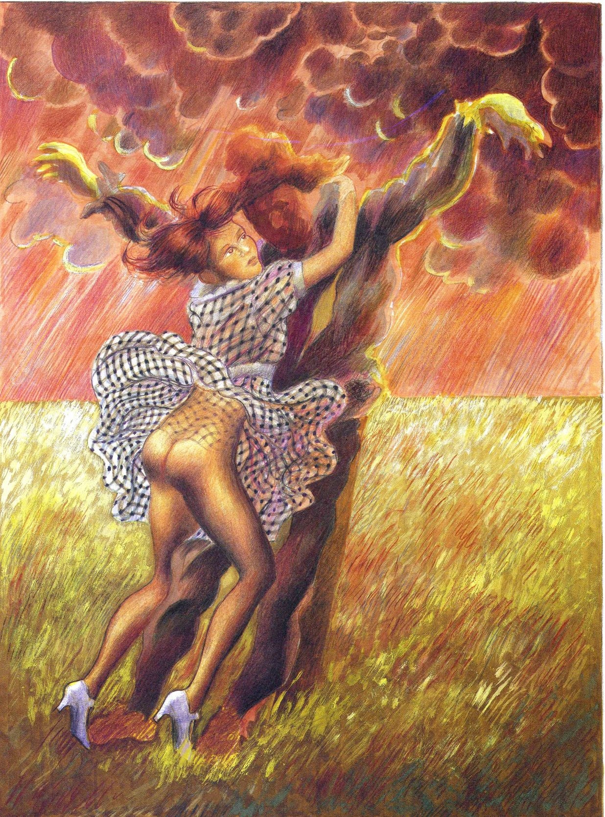 1boy 1girls ass clothing cloud dorothy_gale female footwear hug human male no_panties no_socks outdoors rule34 scarecrow scarecrow_(wizard_of_oz) silver_shoes slippers tagme the_wizard_of_oz wind_lift
