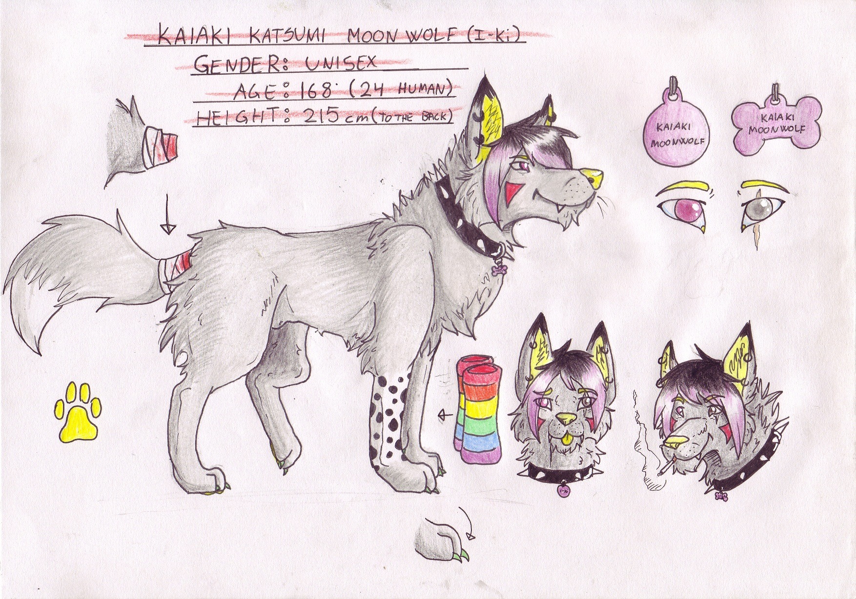 all_fours animal_genitalia band-aid bandage blood bodily_fluids bodypaint bone canid canine canis collar collar_tag digitigrade domestic_dog e621 face_paint feral footprint fully_sheathed fur genitals grey_body grey_fur hi_res kaiaki_moonwolf_(i-ki) male mammal model_sheet pawprint paws quadruped rainbow sheath side_view simple_background sleeves smoke solo tail toony tsukinoookami