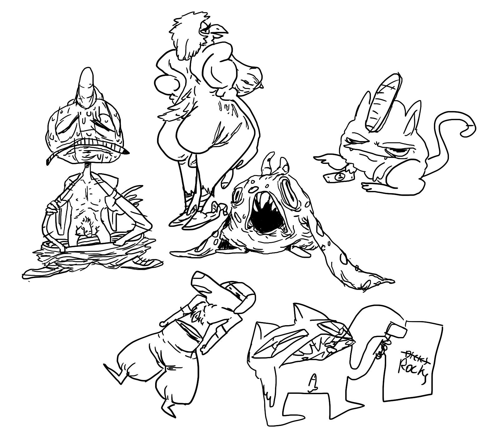 ambiguous_gender anthro avian bird blaziken butt canid canine e621 female fur generation_1_pokemon generation_3_pokemon generation_4_pokemon generation_5_pokemon genitals hi_res lucario male mammal meatpillar meowth monochrome nintendo penis pokemon pokemon_(species) sableye scrafty sketch_page solo trubbish waddling_head