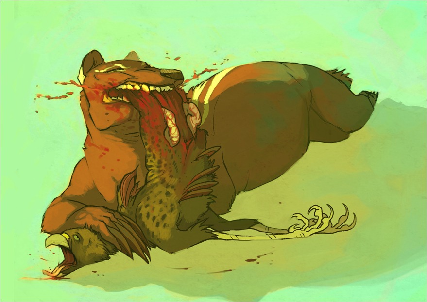 ambiguous_gender avian badger bite black_border blood bodily_fluids border death duo e621 eating entrails feet_first feral gore grotesque_death gryphon hard_vore mammal mustelid musteline mythological_avian mythological_creature mythology obese overweight sharp_teeth teeth unknown_artist vore