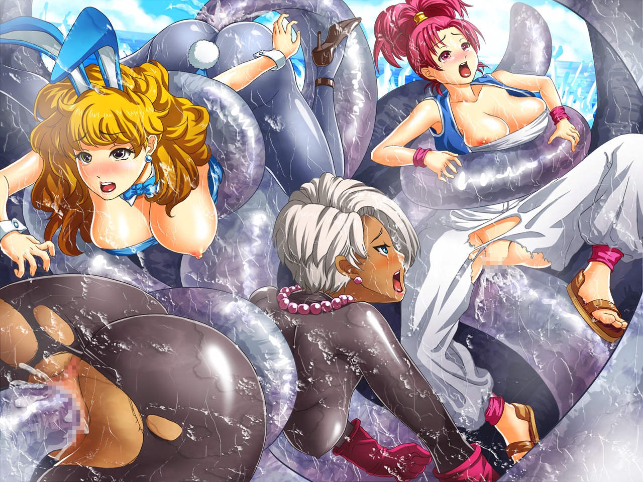 3girls artist_request breasts censored clothed_sex clothing dragon_quest dragon_quest_iii female jester_(dq3) large_breasts merchant_(dq3) monster multiple_females multiple_girls rule34 tagme tentacle thief_(dq3) torn_clothes