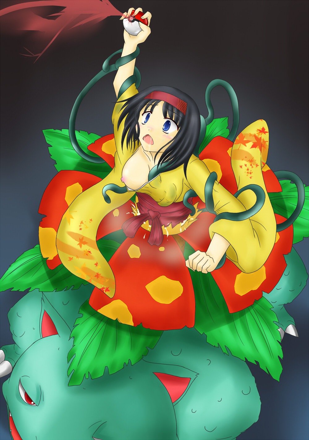 black_hair breasts clothes color erika_(pokemon) female hair holding human imminent_death interspecies kurocaze nintendo nipples one_breast_out plant_vore pok&eacute;mon_(species) poke_ball pokemon pokemon_(species) pokemon_rgby pokephilia rule34 size_difference tagme venusaur vore
