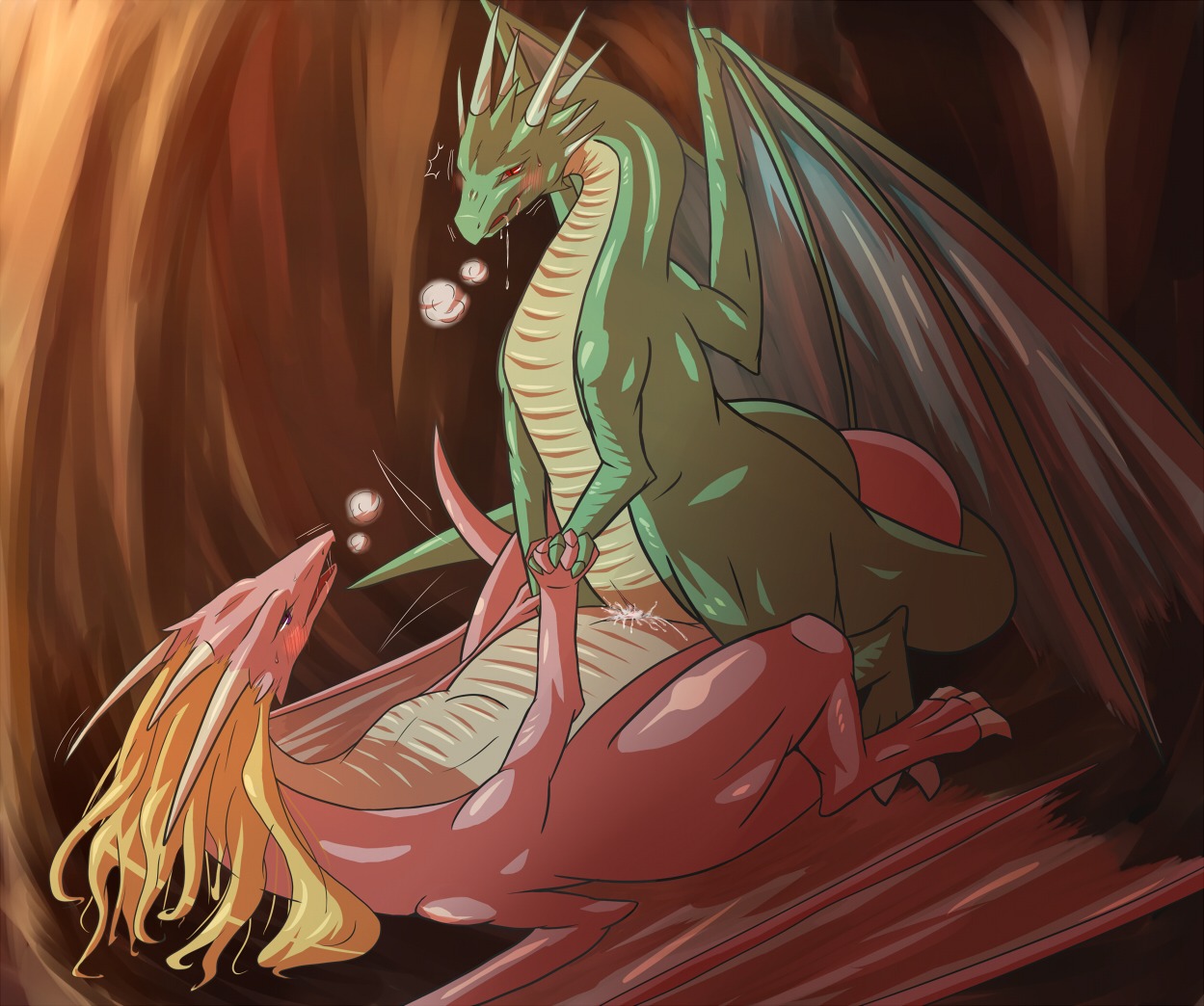 blonde_hair blush bodily_fluids breath cum cum_in_vagina cum_inside dragon dripping duo e621 eye_contact female female_penetrated feral feral_on_feral genital_fluids genitals hair hand_holding horn long_hair looking_at_another lying male male/female male_penetrating male_penetrating_female membrane_(anatomy) membranous_wings mythological_creature mythological_scalie mythology nessysalmon nude on_back penetration penile penile_penetration penis penis_in_vagina purple_eyes red_eyes saliva saliva_drip saliva_string scalie sex standing tail tail_motion tailwag vaginal vaginal_penetration wings