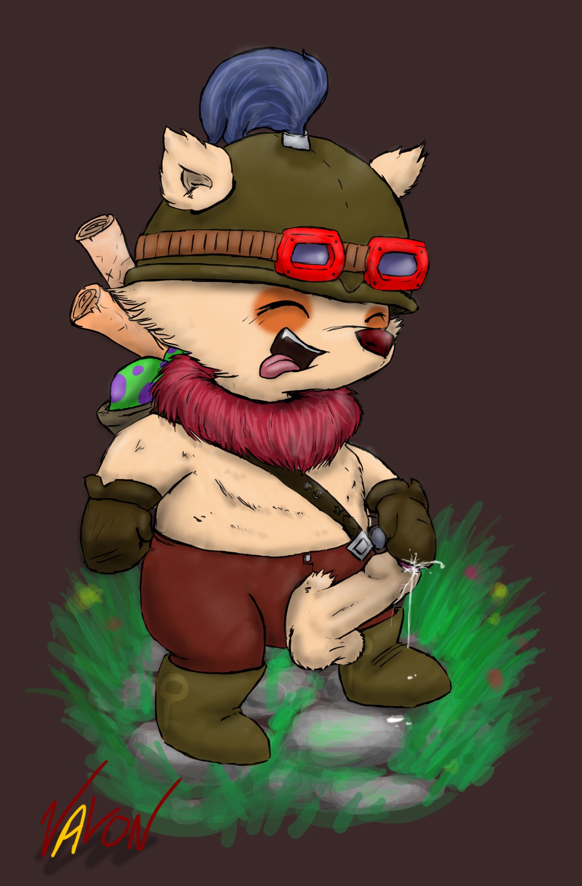 absurd_res anthro armor balls bodily_fluids cum e621 erection eyewear genital_fluids genitals goggles headgear helmet hi_res humanoid_genitalia humanoid_penis league_of_legends male masturbation penile penile_masturbation penis riot_games solo teemo_(lol) tencent valon yordle