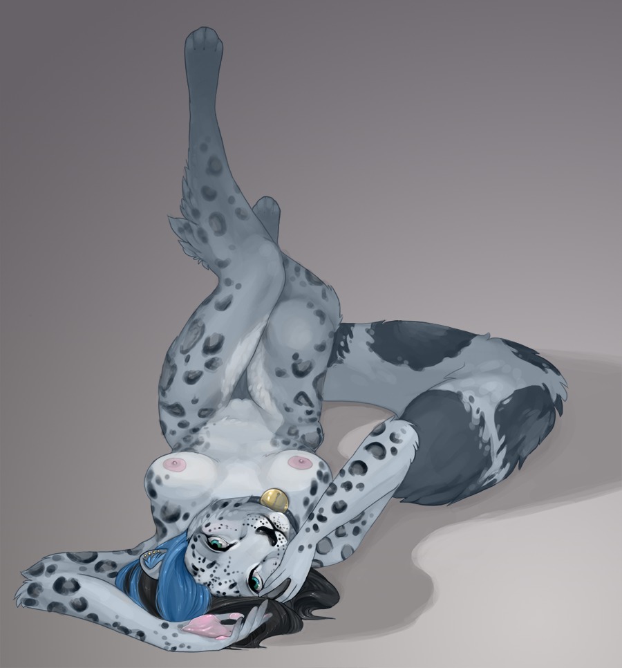 anthro bell biped black_hair blue_hair breasts collar e621 ear_piercing felid female genitals hair leopard leopard_spots looking_at_viewer lying mammal multicolored_hair nipples nude on_back pantherine piercing pinup pose simple_background snow_leopard solo spots tail theowlette two_tone_hair upside_down vulva