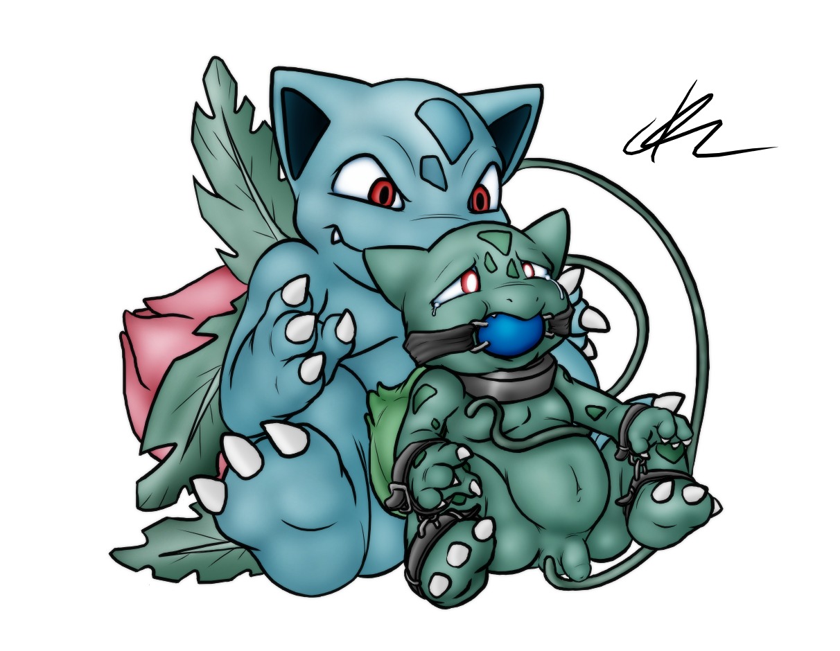 3_toes 4_fingers ankle_cuffs arm_to_leg arms_tied ball_gag balls bdsm belly black_collar blue_body blue_skin bodily_fluids bondage bound bulbasaur c0nnerc00n collar crossover cuff_(restraint) dominant dominant_male duo e621 feet fingers flaccid flower forced foreskin front_view gag gagged generation_1_pokemon genitals green_body green_skin humanoid_genitalia humanoid_penis ivysaur legs_tied male male/male nintendo nude overweight penis plant pokemon pokemon_(species) rape red_eyes restraints sex simple_background sitting slightly_chubby submissive submissive_male tears tentacles toes white_background wrist_cuffs wrists_to_ankles