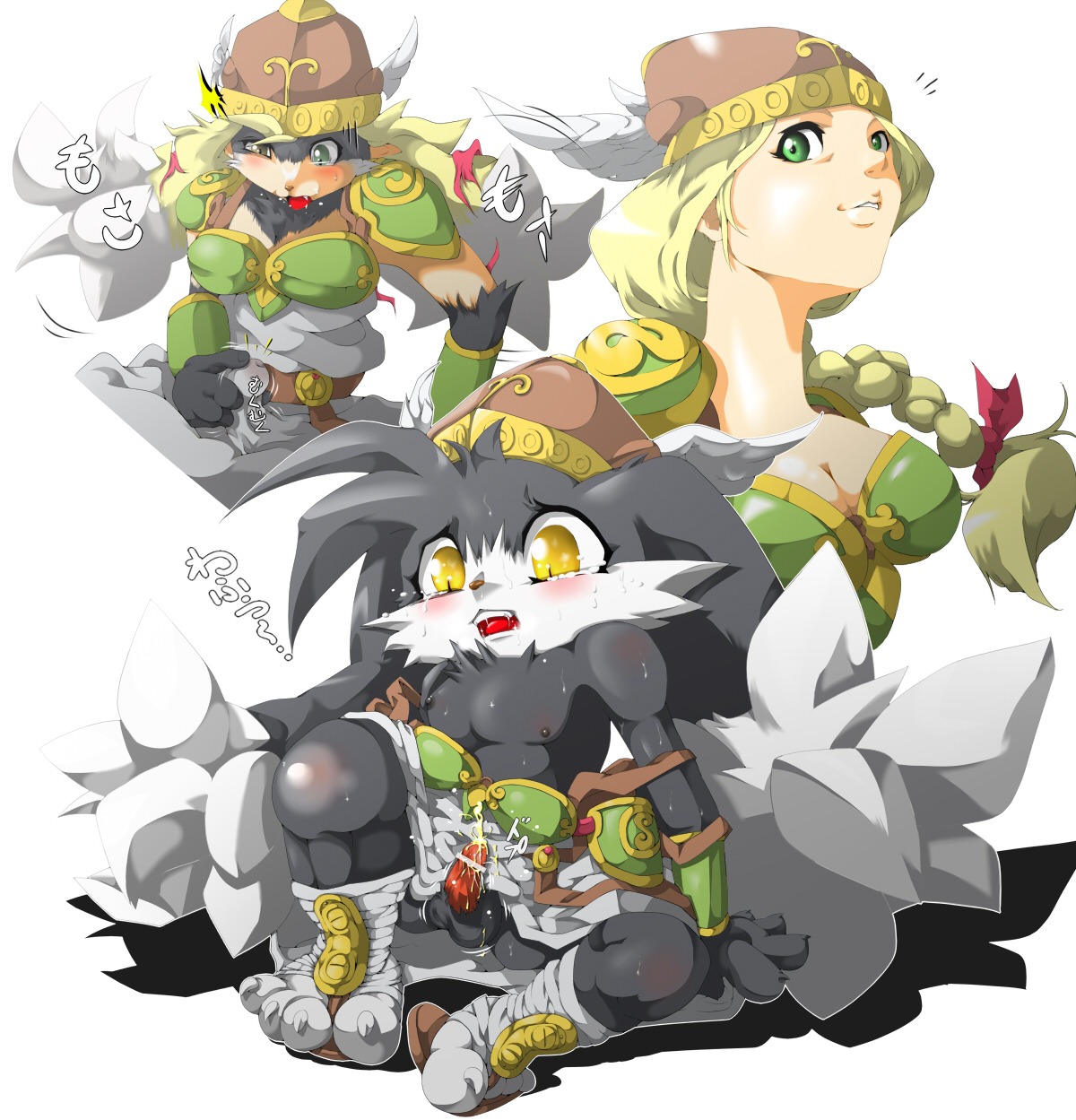 2009 anthro armor bandai_namco belt blonde_hair blush bodily_fluids braided_hair clothing cum cumshot domestic_cat duo e621 ejaculation erection felid feline felis female footwear ftm_transformation gender_transformation genital_fluids genitals green_eyes hair headgear helmet hi_res klonoa klonoa_(series) male mammal nken orgasm orgasm_from_transformation penis ribbons rip sandals shoes simple_background transformation valkyrie valkyrie_no_densetsu white_background yellow_eyes