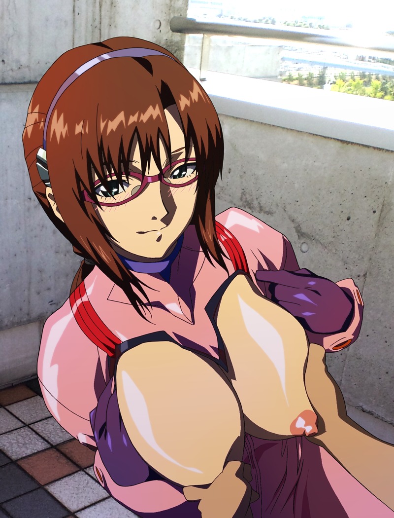 1girls blush breasts brown_hair clothing female glasses human interface_headset large_breasts light-skinned_female light_skin long_hair mari_illustrious_makinami neon_genesis_evangelion nipples pilot_suit plugsuit rebuild_of_evangelion rule34 smile yabusame