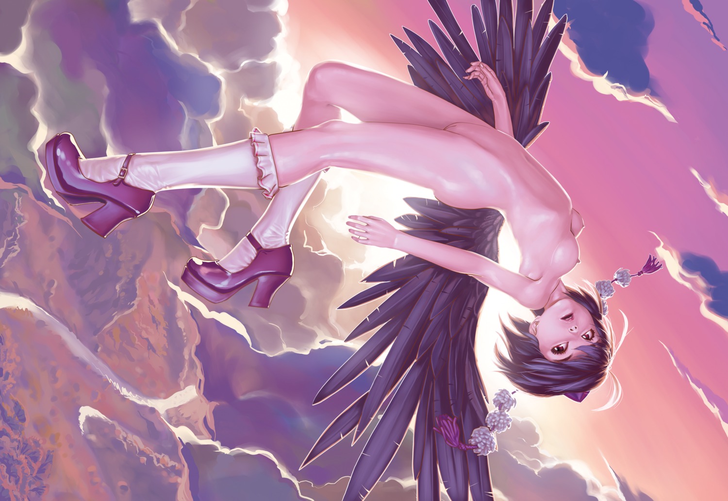 black_hair black_wings breasts female footwear geister hat kneehighs mary_janes nipples nude pussy red_eyes rule34 shameimaru_aya shoes short_hair sky socks tokin_hat touhou uncensored wings