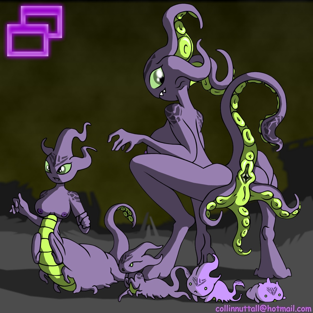 1:1 2013 5_fingers alien anus big_breasts breasts digitigrade e621 female fingers gaping gaping_anus genitals green_eyes group hi_res kneeling long_tail looking_back mother_(lore) neonate nipples open_mouth outside parent_(lore) purple_body raised_tail rubble sky slushy standing tail teeth tentacles text url vulva young