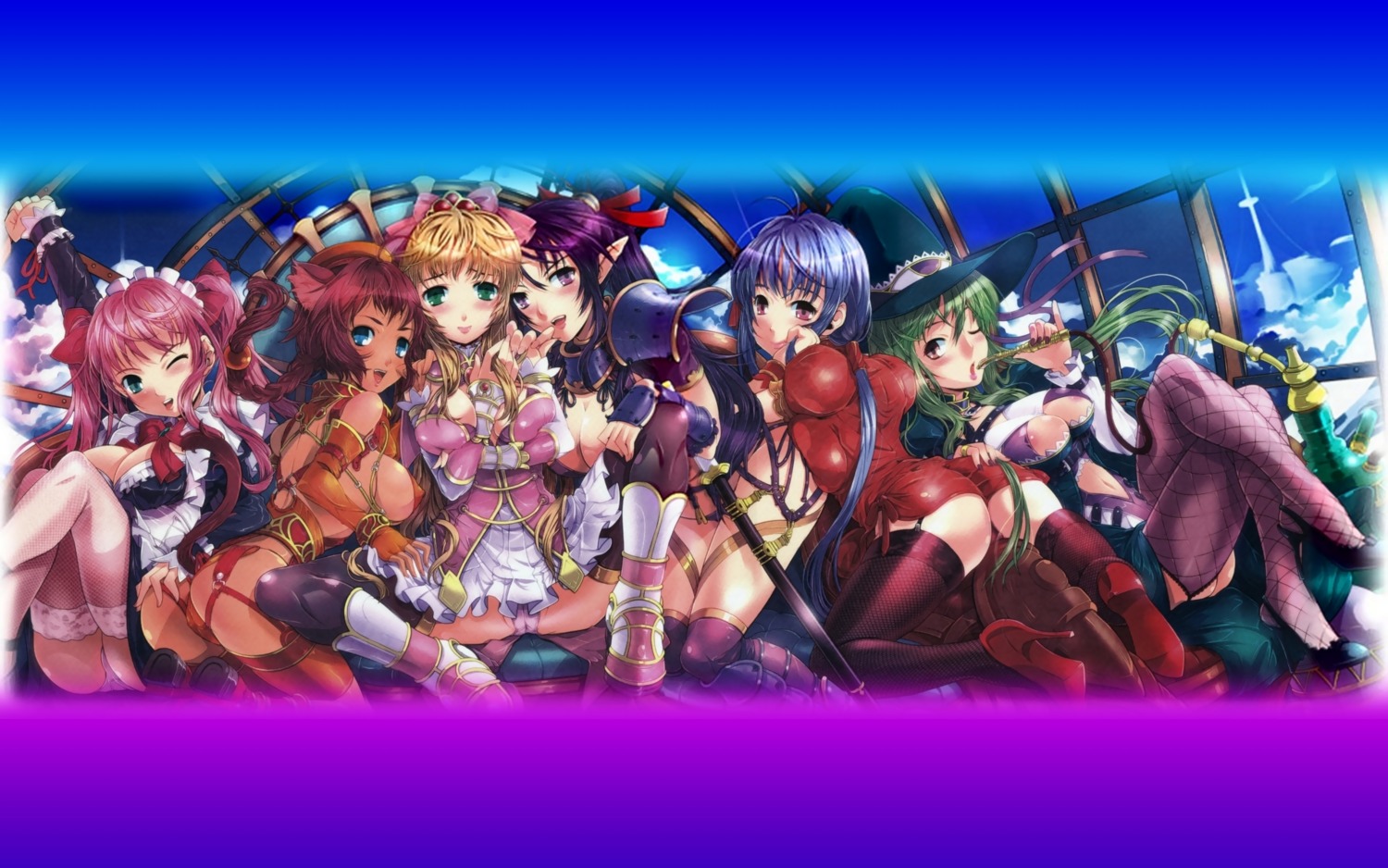 animal_ears ass blonde_hair blush breasts brown_hair cat_ears dark_skin female garter_belt hair_ribbon hat high_heels highres original panties pointy_ears ponytail purple_hair purple_panties ribbon rule34 shoes sitting sonobe_kazuaki tail thighhighs tied_hair twintails underwear white_panties witch_hat yellow_panties