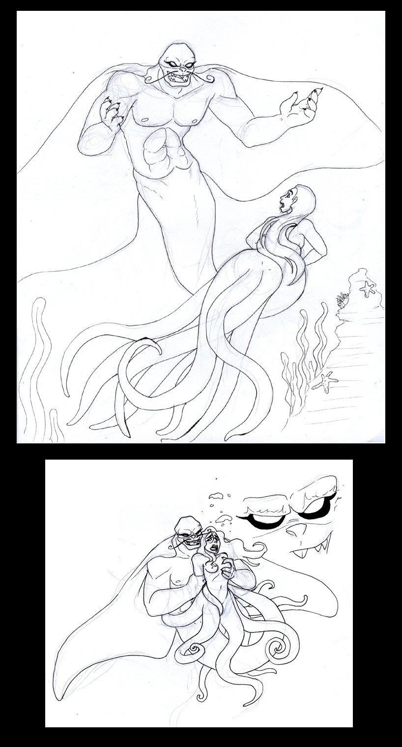 abs breasts cecaelia disney dontfapgirl evil_manta female male merfolk mermaid merman monochrome nipples rule34 sketch tagme the_little_mermaid