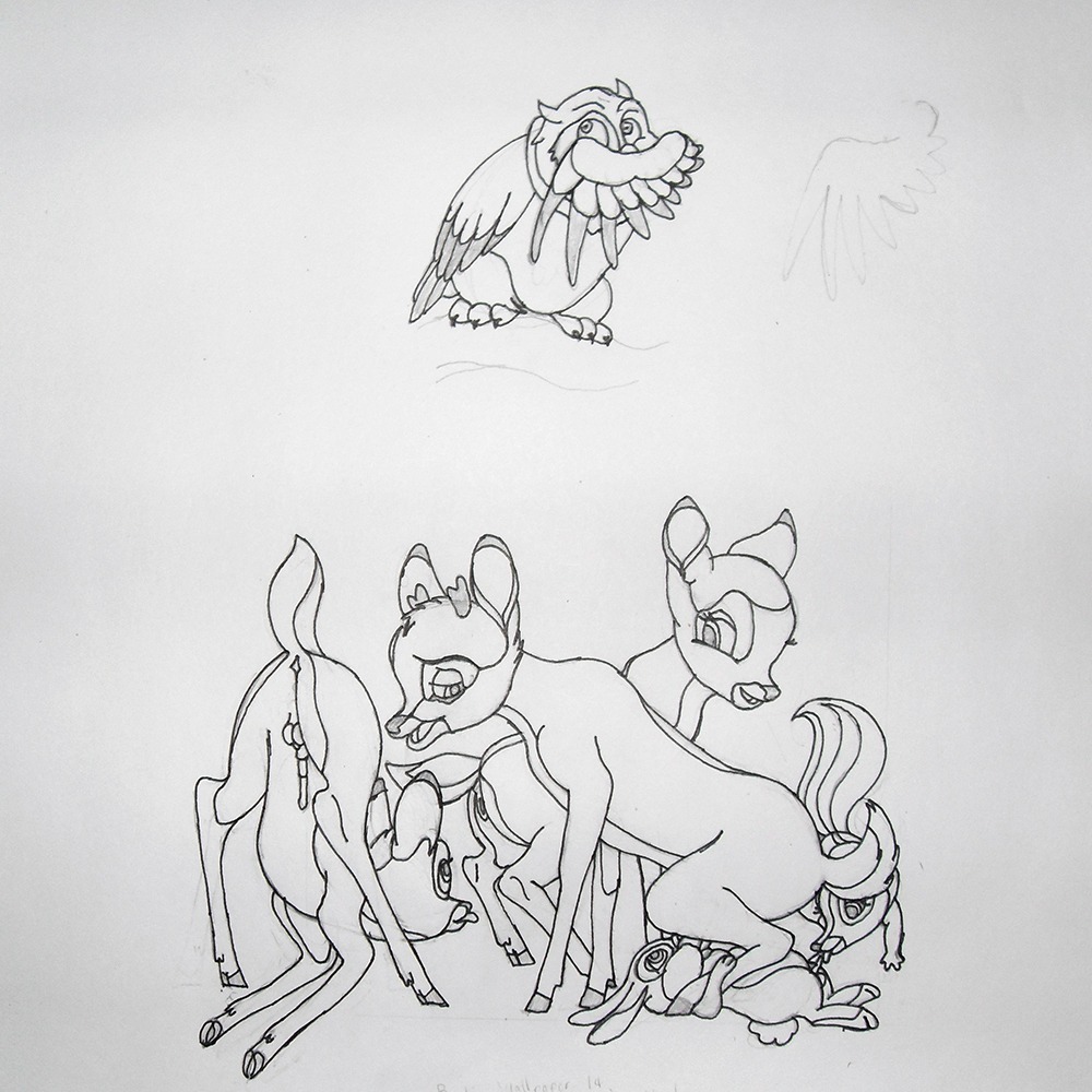 balls bambi_(character) bambi_(film) bird cub deer disney faline female female_cub feral flower_(bambi) male male/male male_cub male_focus monochrome owl penis pussy rabbit ronno rough_sketch rule34 skunk testicles thumper
