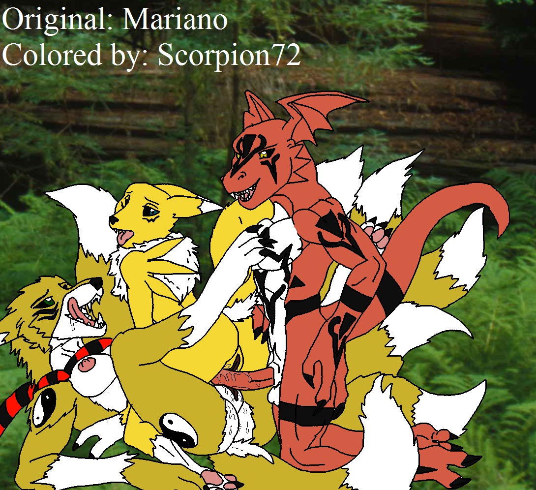 anthro bandai_namco black_sclera breasts canid canine collaborative collaborative_pussyjob collaborative_sex digimon digimon_(species) e621 erection fan_character female fur genitals gilbert_(tomierlanely) group group_sex guilmon interspecies kyubimon male male/female male_penetrating mammal mariano markings nipples nude orgasm penetration penis pussyjob renamon scalie scorpion72 sex threesome tomierlanely tribadism_on_penis trio vaginal vaginal_penetration vulva white_body white_fur yellow_body yellow_fur