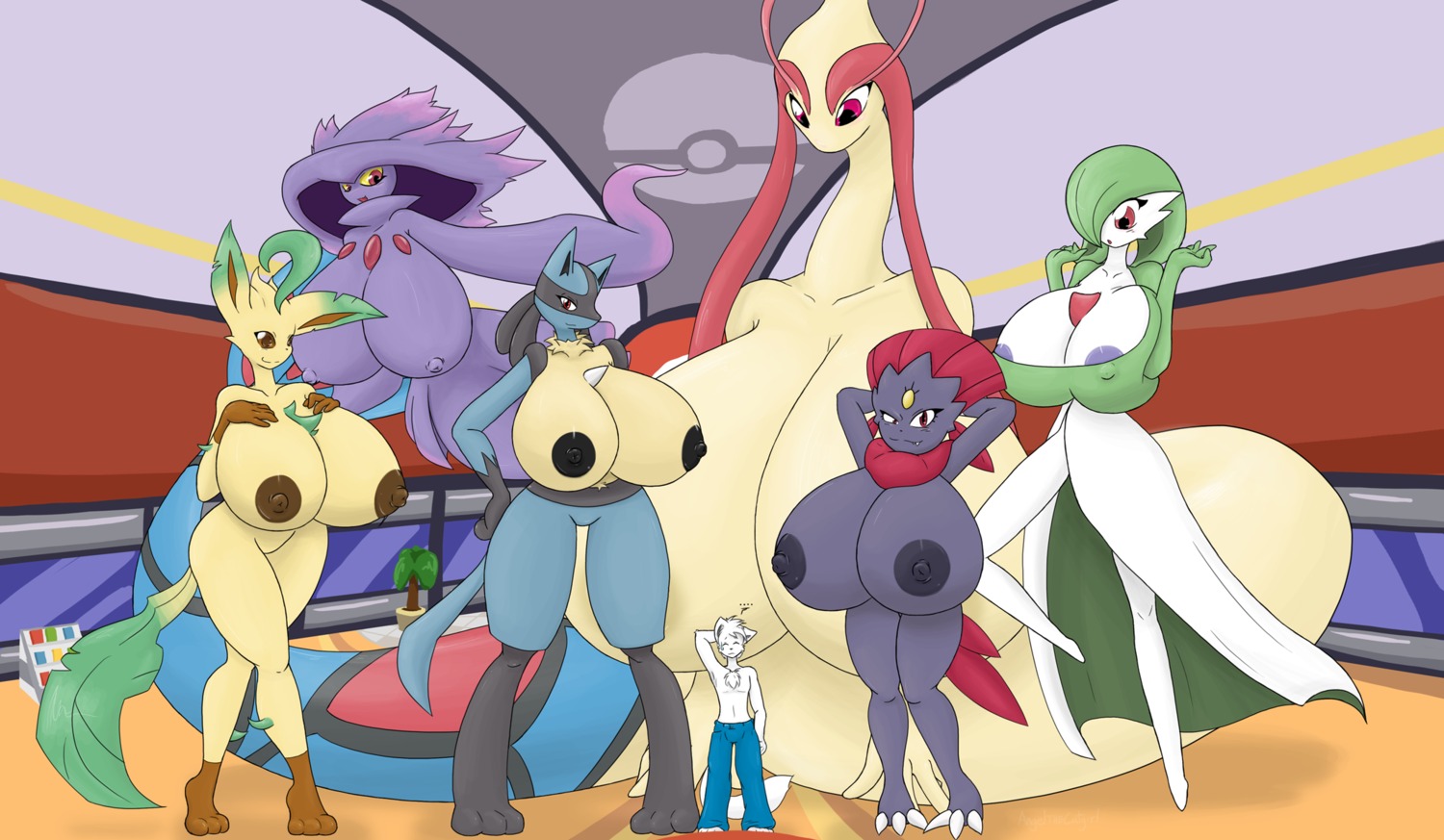 2d 2d_(artwork) 2d_artwork 6girls angelthecatgirl anthro eeveelution female female_lucario furry furry_female game_freak gardevoir generation_3_pokemon generation_4_pokemon giant_female giantess large_female larger_female leafeon lucario macro male micro milotic mini_giantess mismagius nintendo pokemon pokemon_(species) pokemon_dppt pokemon_rse rule34 size_difference smaller_female weavile