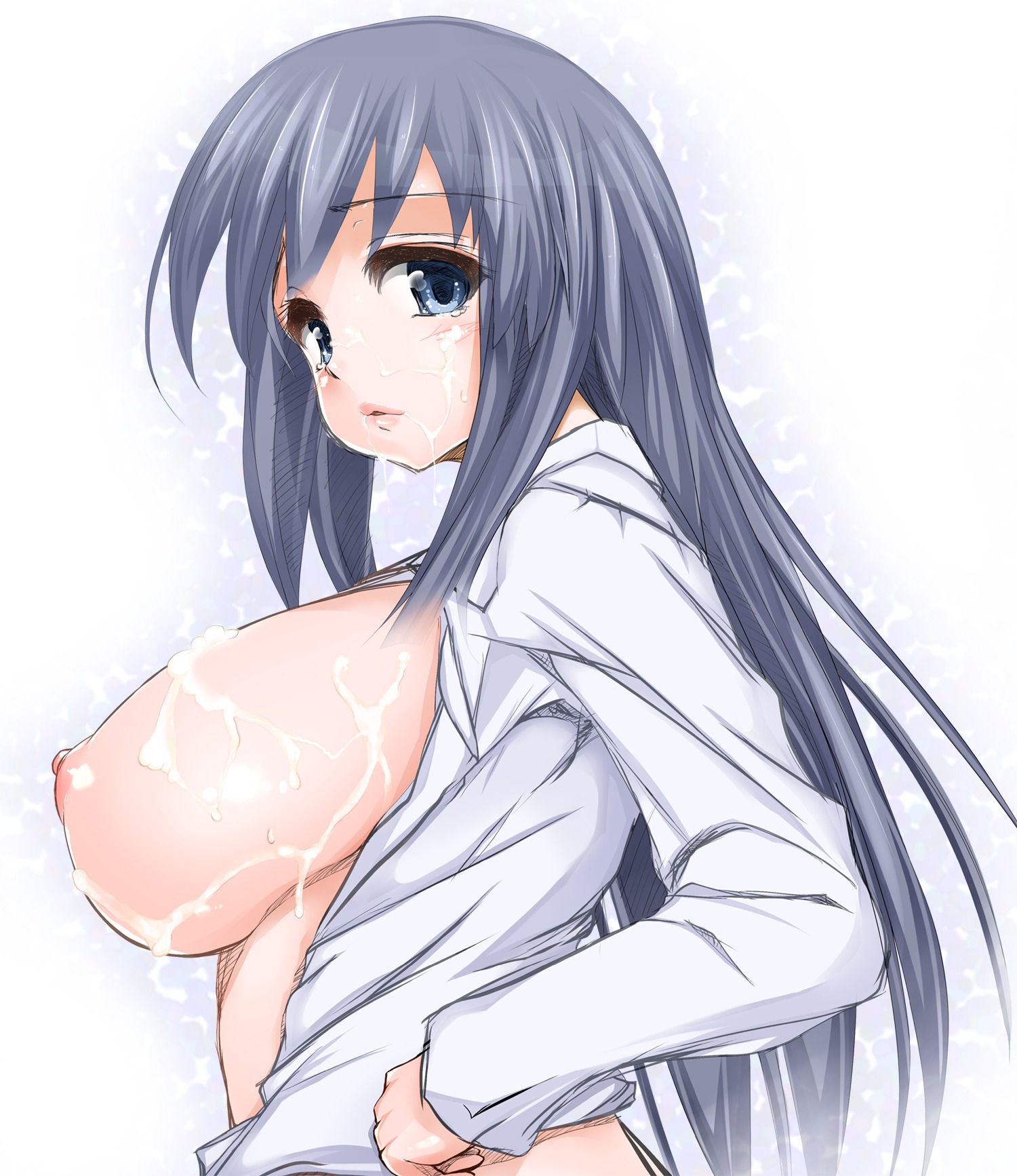 blue_eyes blush breasts cum cum_on_body cum_on_breasts cum_on_upper_body efg facial female female_only grey_hair highres human human_only k-on! large_breasts long_hair mio_akiyama_(k-on!) nipples open_clothes open_shirt power_of_two puffy_nipples rule34 shirt sideboob sketch solo straight_hair tears white_background