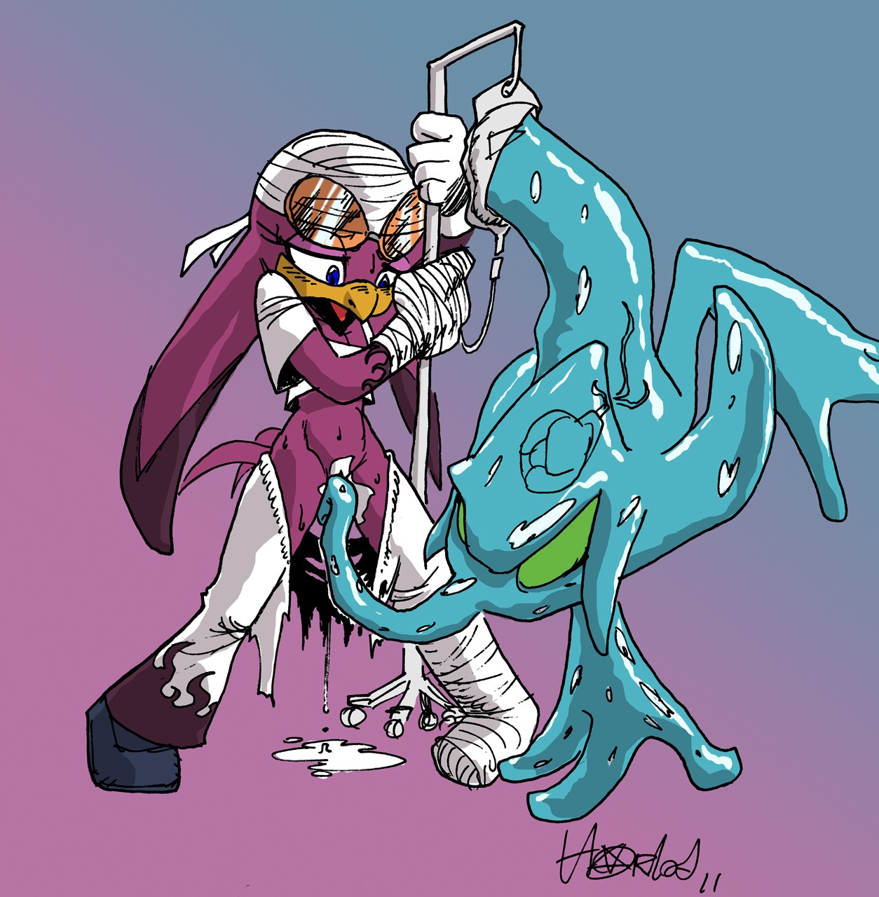 2011 anthro avian bandage bird chaos_(sonic) clothes female glasses horlod purple_feathers rule34 sega sonic_(series) sonic_riders sonic_the_hedgehog_(series) swallow tagme wave_the_swallow