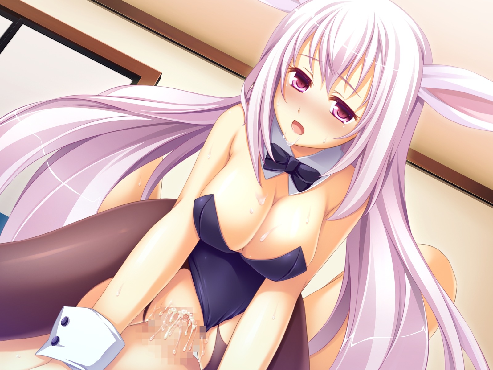 animal_ears blush breasts bunny_ears bunny_girl bunnysuit censored cleavage cowgirl_position cum cum_inside female game_cg highres kusahara_hanemi large_breasts leotard_aside long_hair open_mouth otomimi_infinity pink_eyes pink_hair rule34 sex straddle torn_pantyhose wrist_cuffs yasaka_minato