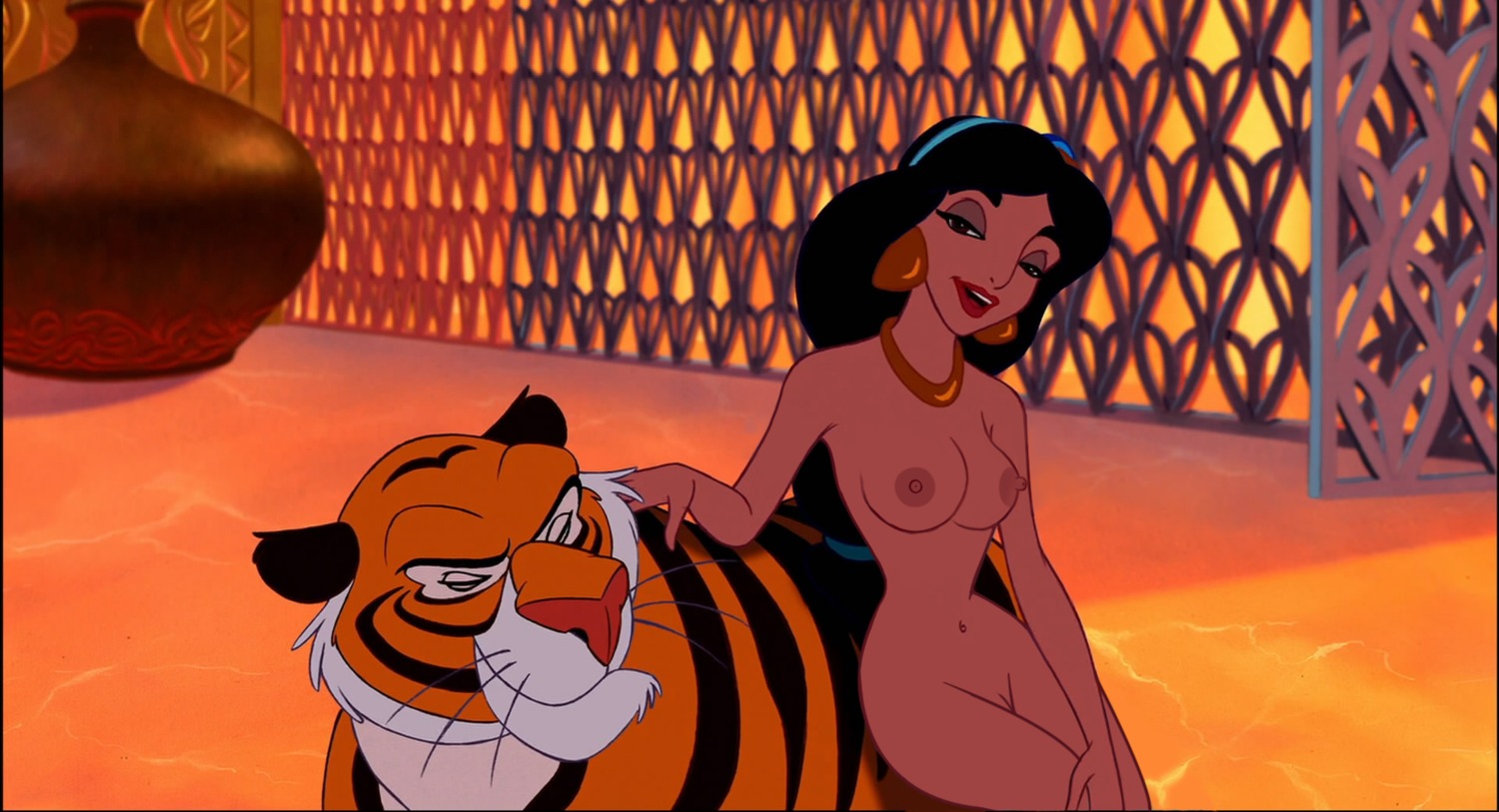 bestiality black_hair breasts disney disney's_aladdin disney_princess duo e621 felid female female_human female_on_feral feral genitals hair hi_res human human_on_feral interspecies male male/female male_on_human mammal navel nipples nude pantherine princess_jasmine_(disney) rajah_(disney) tiger unknown_artist vulva