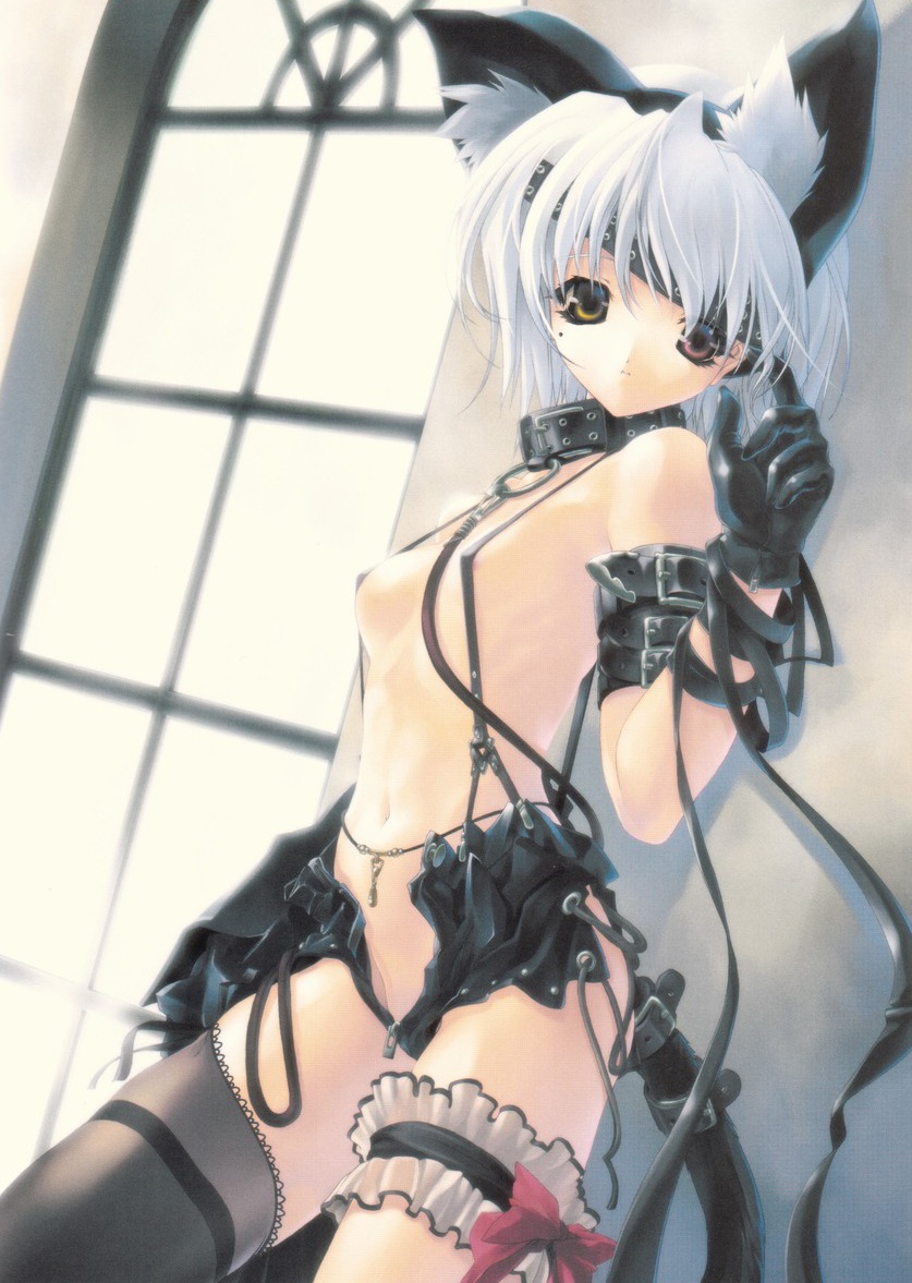 armlet beige_skin black_legwear black_thighhighs cat_ears collar color female garters gloves heterochromia lingerie mole nekomimi nude pointy_chin ribbon rule34 short_hair solo suspenders tail thighhighs underwear white_hair window