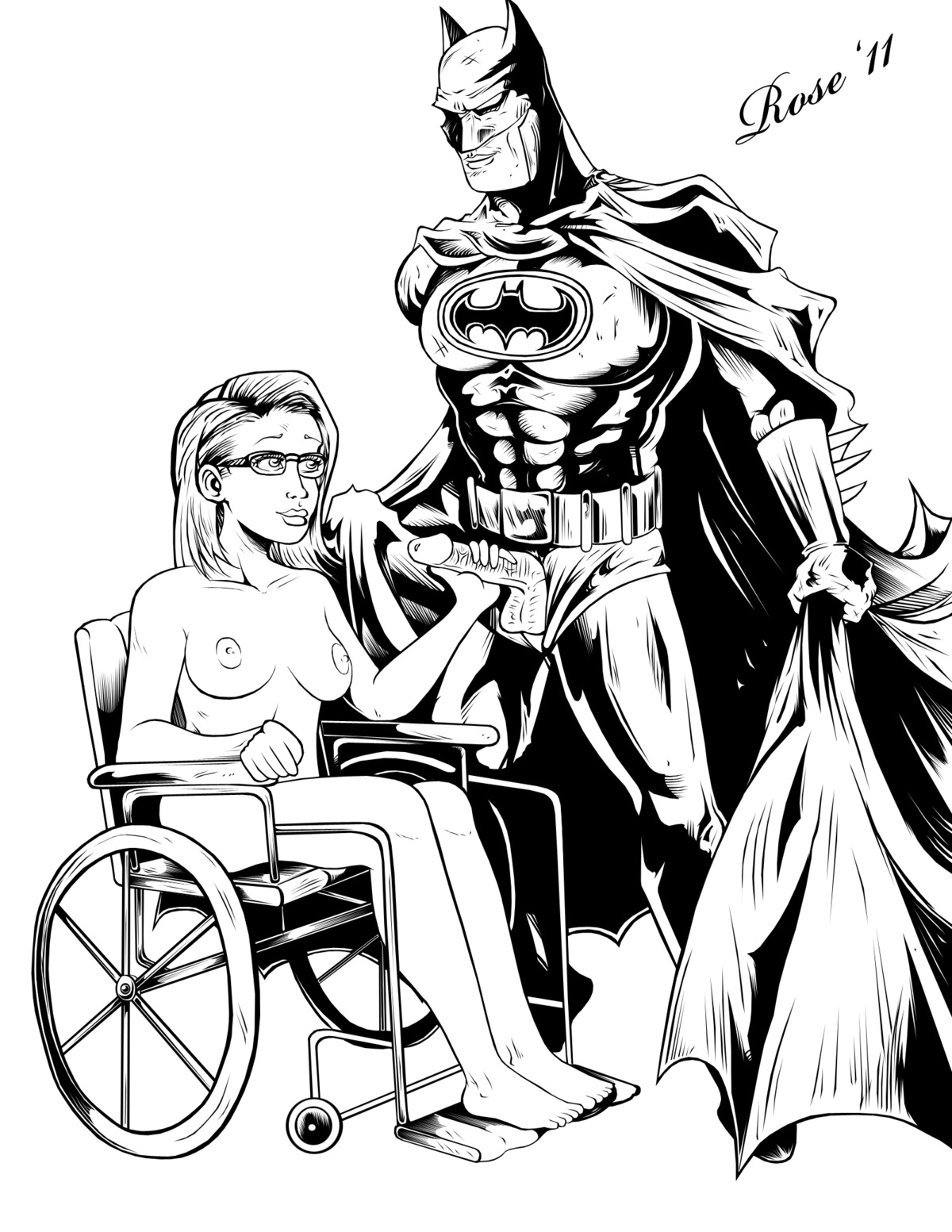 1boy 1girls 2011 barbara_gordon batgirl batman batman_(bruce_wayne) batman_(series) breasts bruce_wayne clothed_male_nude_female dc dc_comics erect_penis female glasses hero_and_sidekick human male monochrome nipples nude nude_female penis penis_out rosenrot rule34 straight wheelchair