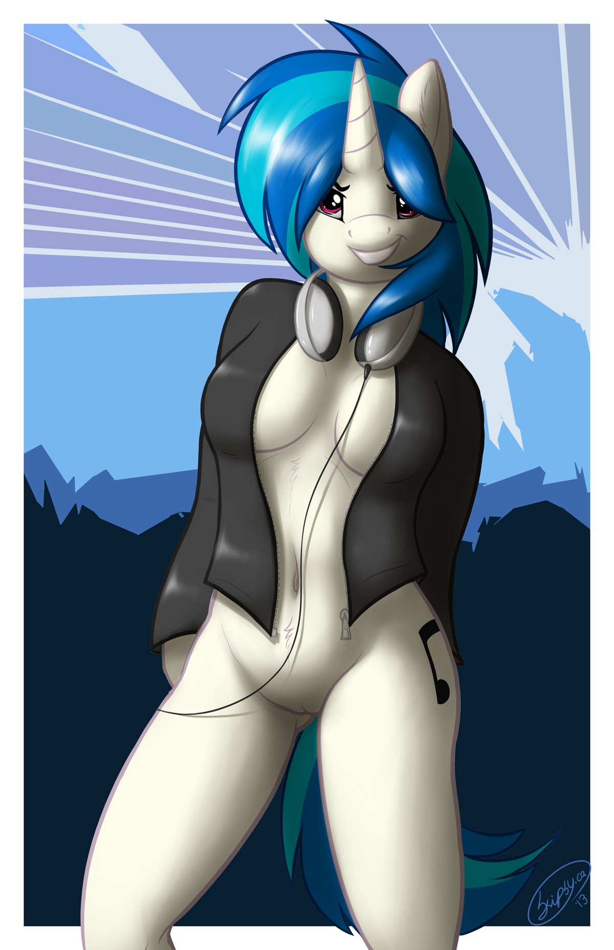 2013 absurd_res anthro anthrofied blue_hair bottomless breasts cleavage clothed clothing cutie_mark e621 electronics equid equine female friendship_is_magic genitals hair hasbro headphones hi_res hoof_hands horn innie_vulva jacket looking_at_viewer mammal multicolored_hair my_little_pony mythological_creature mythological_equine mythology navel open_clothing open_shirt open_topwear purple_eyes shirt skipsy smile solo topwear two_tone_hair unicorn vinyl_scratch_(mlp) vulva