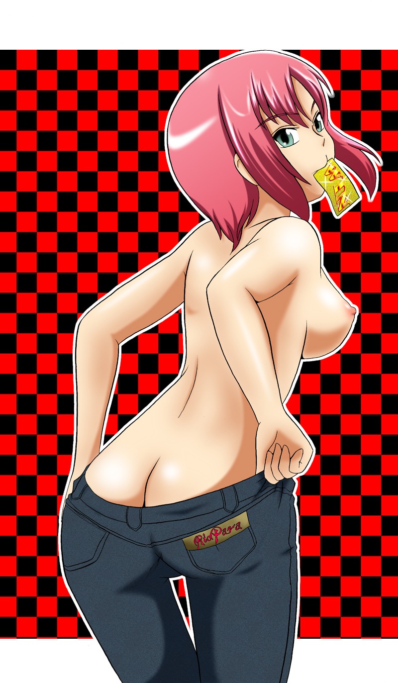 back_view breasts dressing female female_only human light_skin pants pink_hair rio_rollins rule34 solo super_blackjack tagme topless