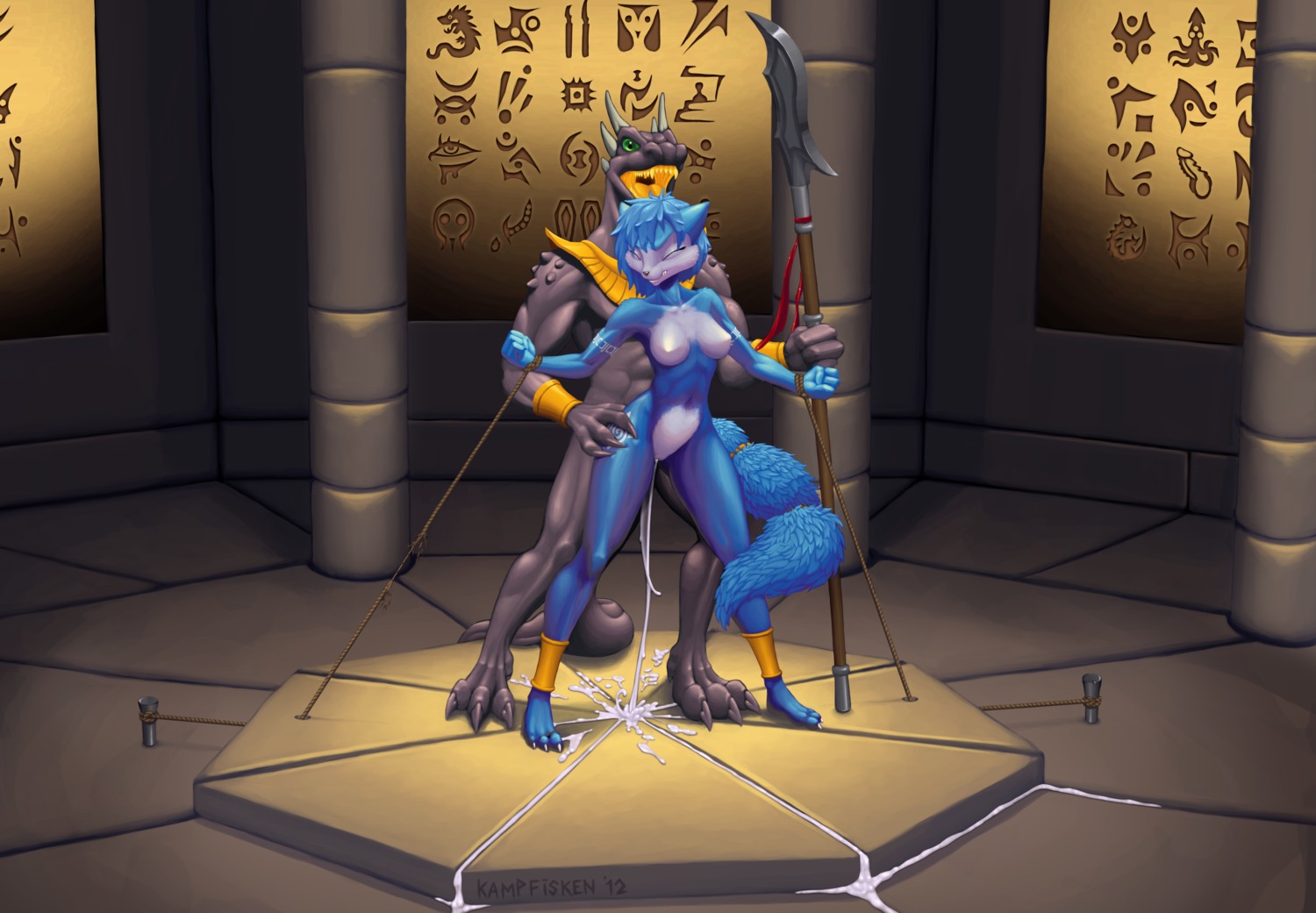 2012 absurd_res anal anthro anthro_on_anthro bdsm blue_body blue_fur blue_hair bodily_fluids bondage bound breasts canid canine cum cum_drip cum_inside dripping duo e621 egyptian female forced fox fur genital_fluids genitals gold_(metal) hair hi_res hieroglyphic_text horn interspecies kampfisken krystal_(star_fox) leaking_cum lizard male male/female mammal melee_weapon messy naginata nintendo nude penetration penile penile_penetration penis polearm rape reptile ritual rope ruins sacrifice sacrificial_maiden scalie sex spear stake standing standing_sex star_fox tail temple weapon white_body white_fur