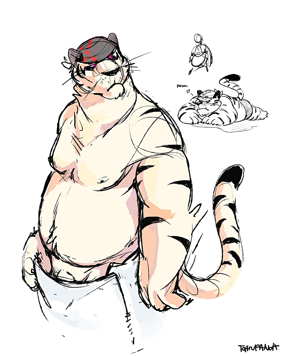 animal_genitalia anthro bottomwear clothed clothing e621 felid flaccid fur genitals hi_res kerchief leucistic male mammal nipples overweight overweight_anthro overweight_male pantherine pants penis rivers sheath simple_background sketch slightly_chubby solo stripes super-tuler tail tiger topless towel towel_only white_background white_body white_fur