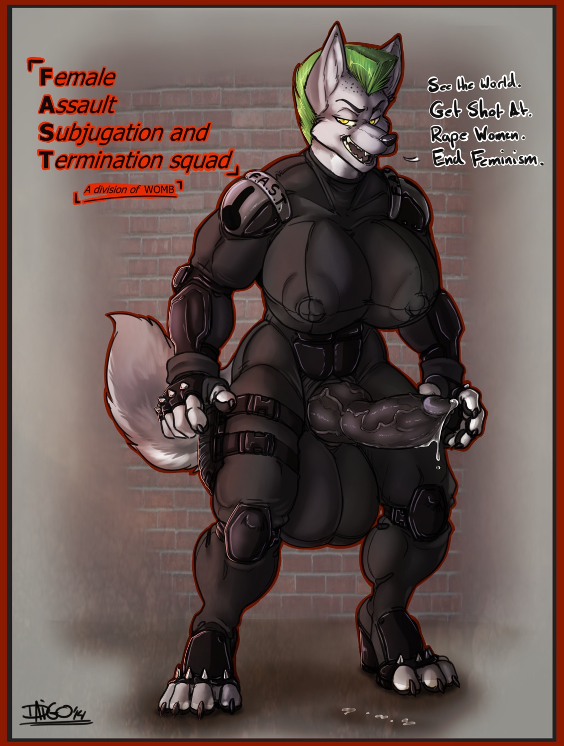 2014 absurd_res animal_genitalia animal_penis anthro armor balls big_balls big_breasts big_penis biped black_nose black_penis bodily_fluids bodysuit border breasts canid canine canine_genitalia canine_penis canis claws clothing cum cum_drip daigo dialogue digitigrade domestic_dog dripping e621 english_text erection fangs fingerless_gloves footwear genital_fluids genitals gloves green_hair gynomorph hair handwear hi_res high_heels huge_balls hyper hyper_balls hyper_genitalia iko intersex jewel_(whitekitten) knot looking_away mammal misogyny mohawk nipples open_mouth orange_border penis precum sexism sharp_teeth shoes skinsuit solo teeth text tight_clothing toe_claws tongue vein veiny_penis whitekitten yellow_eyes