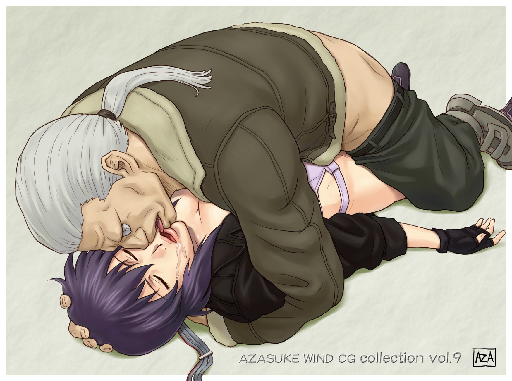 azasuke batou boots breasts cleavage closed_eyes clothed_sex cyborg drooling female fingerless_gloves ghost_in_the_shell ghost_in_the_shell_stand_alone_complex gloves grey_hair hand_on_head highres hug jacket kusanagi_motoko licking lying missionary ocular_implant on_back ponytail purple_hair rape rule34 saliva sex short_hair sleeping thighhighs tied_hair tongue wire wires