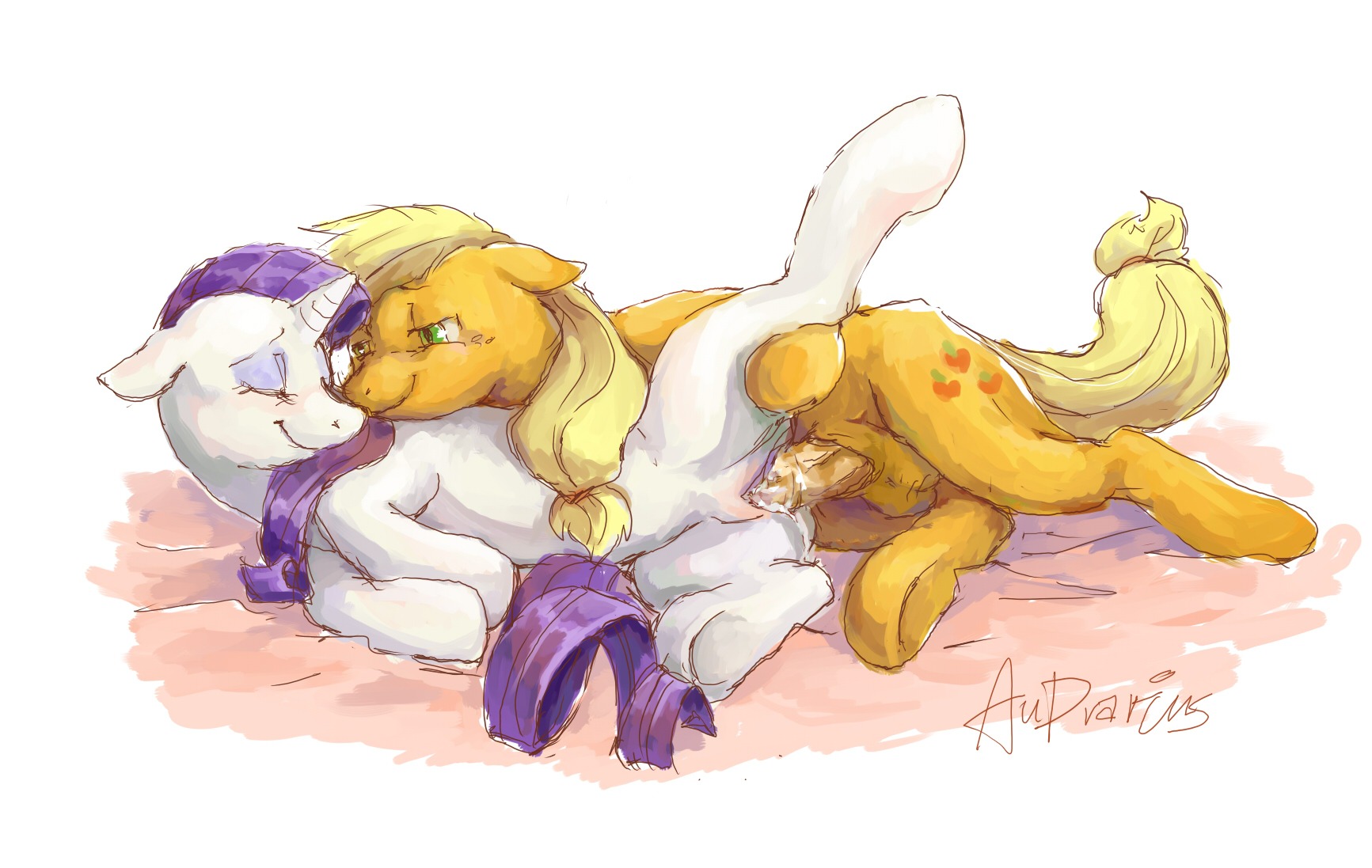2013 applejack_(mlp) audrarius balls blonde_hair clothing cowboy_hat cutie_mark digital_media_(artwork) duo e621 earth_pony equid equine erection eyes_closed female female_penetrated feral feral_on_feral freckles friendship_is_magic fur genitals green_eyes gynomorph gynomorph/female gynomorph_penetrating gynomorph_penetrating_female hair hasbro hat headgear headwear hi_res horn horse intersex intersex/female intersex_penetrating intersex_penetrating_female leg_grab lying mammal my_little_pony mythological_creature mythological_equine mythology nude on_side orange_body orange_fur penetration penile penile_penetration penis penis_in_vagina pony purple_hair rarity_(mlp) sex smile unicorn vaginal vaginal_penetration vein veiny_penis vulva white_body white_fur