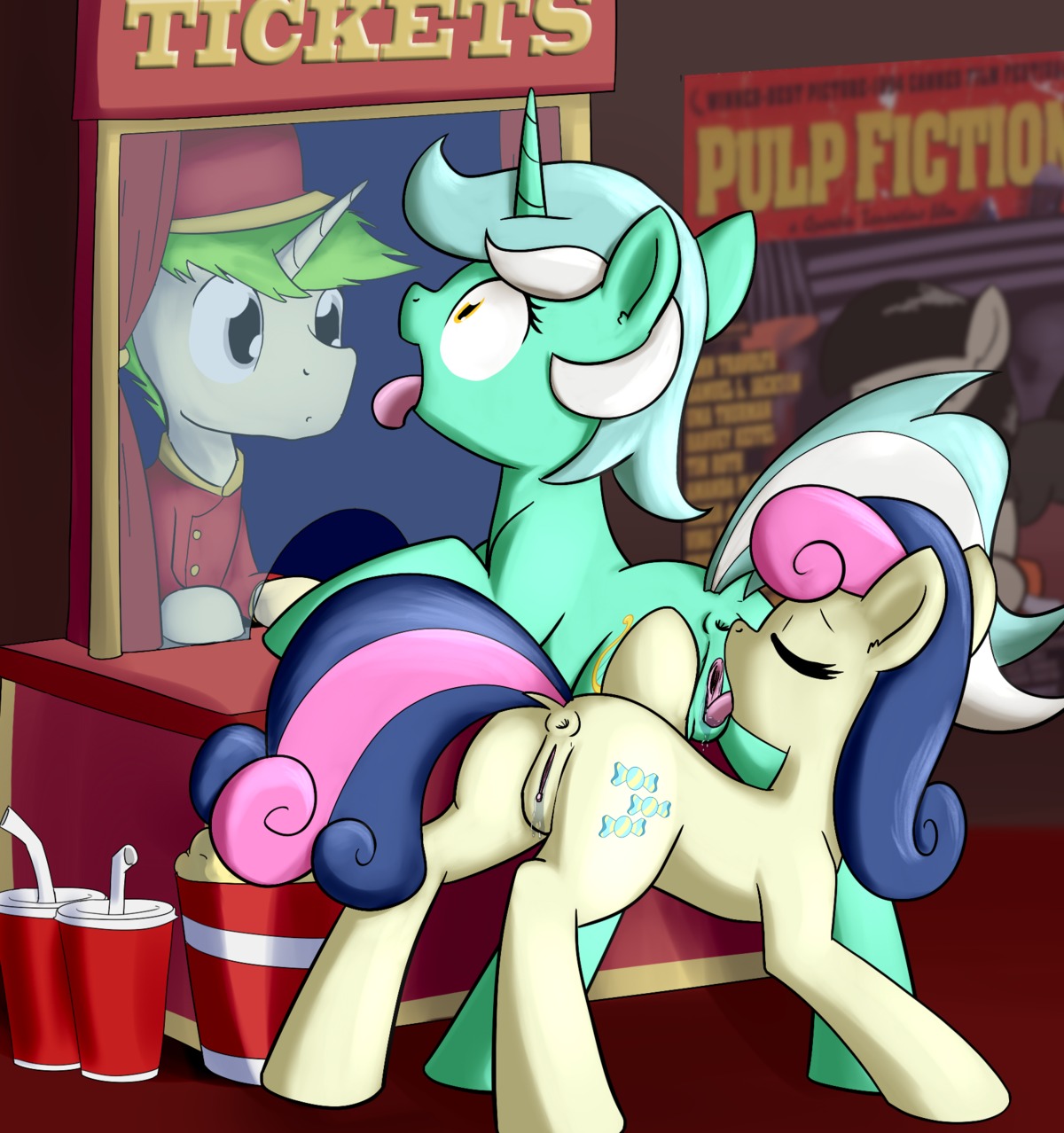 anus bodily_fluids bonbon_(mlp) container cunnilingus cup cutie_mark e621 earth_pony english_text equid equine eyes_closed female female/female food friendship_is_magic fur genital_fluids genitals green_body green_fur green_hair group hair hasbro hi_res horn horse lyra_heartstrings_(mlp) male mammal multicolored_hair my_little_pony mythological_creature mythological_equine mythology nude open_mouth oral pony popcorn public public_sex pulp_fiction purple_hair sex text tongue tongue_out two_tone_hair unicorn vaginal vaginal_fluids vulva whatsapokemon yellow_eyes