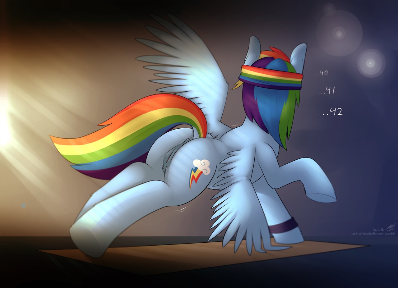 2013 accessory anus blue_body blue_feathers blue_fur butt cobalt_snow conditional_dnp cutie_mark digital_media_(artwork) e621 equid equine exercise feathered_wings feathers female feral friendship_is_magic fur genitals hair hasbro headband mammal multicolored_hair multicolored_tail my_little_pony mythological_creature mythological_equine mythology pegasus push-up rainbow_dash_(mlp) rainbow_hair rainbow_tail shaded simple_background solo tail vulva wings workout