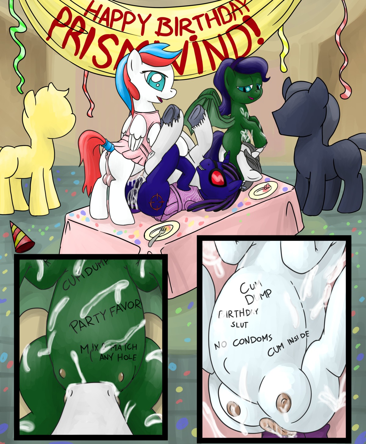 absurd_res anal balls bat_pony belly big_belly birthday birthday_party bisexual bodily_fluids body_writing clothed clothing crossdressing cum cum_everywhere cum_in_ass cum_in_mouth cum_in_vagina cum_inflation cum_inside cum_on_body cum_on_face cunnilingus digital_media_(artwork) drinking drinking_cum e621 equid equine excessive_cum excessive_genital_fluids facesitting fan_character feathered_wings feathers female female/female feral foursome furniture gangbang genital_fluids genitals group group_sex gynomorph gynomorph/female half-closed_eyes hasbro hi_res horn hybrid inflation intersex intersex/female lactating male male/female male_penetrating mammal messy my_little_pony mythological_creature mythological_equine mythology narrowed_eyes oral pegasus penetration penis pregnant prismwind sex sitting sitting_on_another sloppy_seconds smudge_proof table teats thestral unicorn vaginal vaginal_penetration wings writing_on_belly young