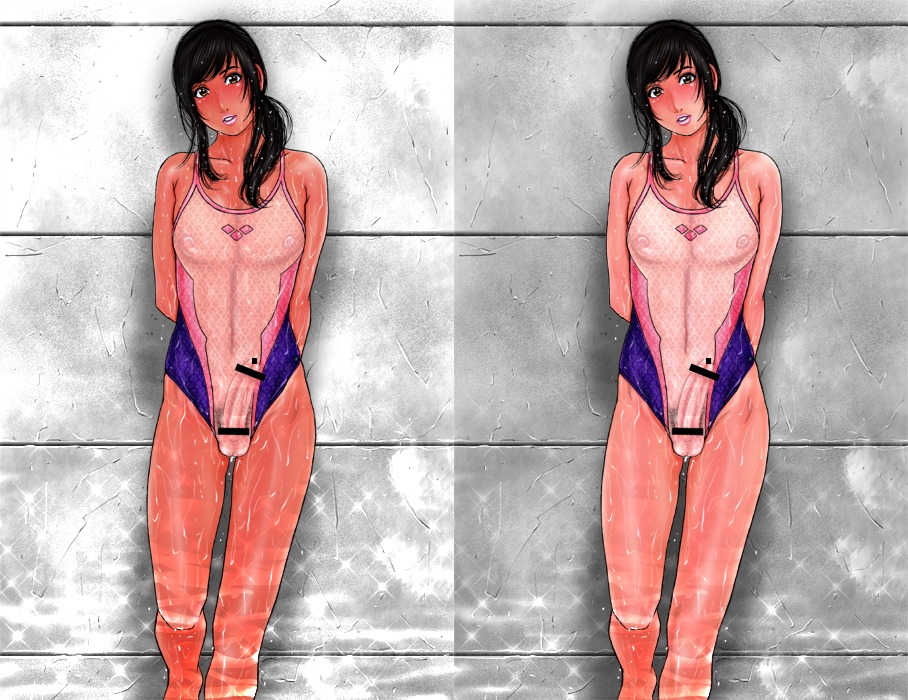 1boy arena_(company) arms_behind_back balls black_hair blush censored competition_swimsuit copyright_request crossdressing crossdressing_male dark_hair femboy human human_only long_hair looking_at_viewer male male_only nipples one-piece_swimsuit penis pubic_hair rule34 see-through see-through_swimsuit solo solo_male standing sunburn sweat swimsuit testicles trap wide_hips