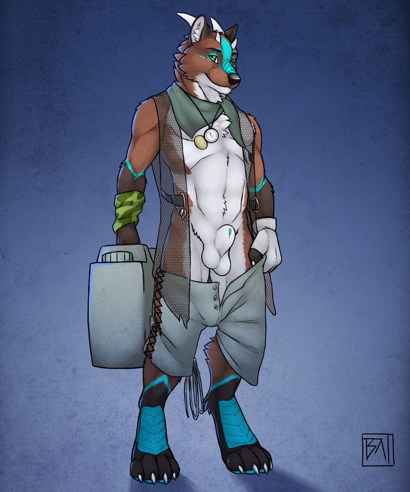 4_toes 5:6 animal_genitalia anthro balls belt biped blue_background bodypaint bottomwear canid canine chest_tuft claws clothed clothing detached_sheath dragonorca e621 feet flaccid fox fully_sheathed fur genitals gloves green_eyes handwear jewelry male mammal necklace open_clothing open_shirt open_topwear penis pose scarf sheath shirt shorts simple_background solo standing tattoo toe_claws toes topwear tsaiwolf tuft undressing unknown_species