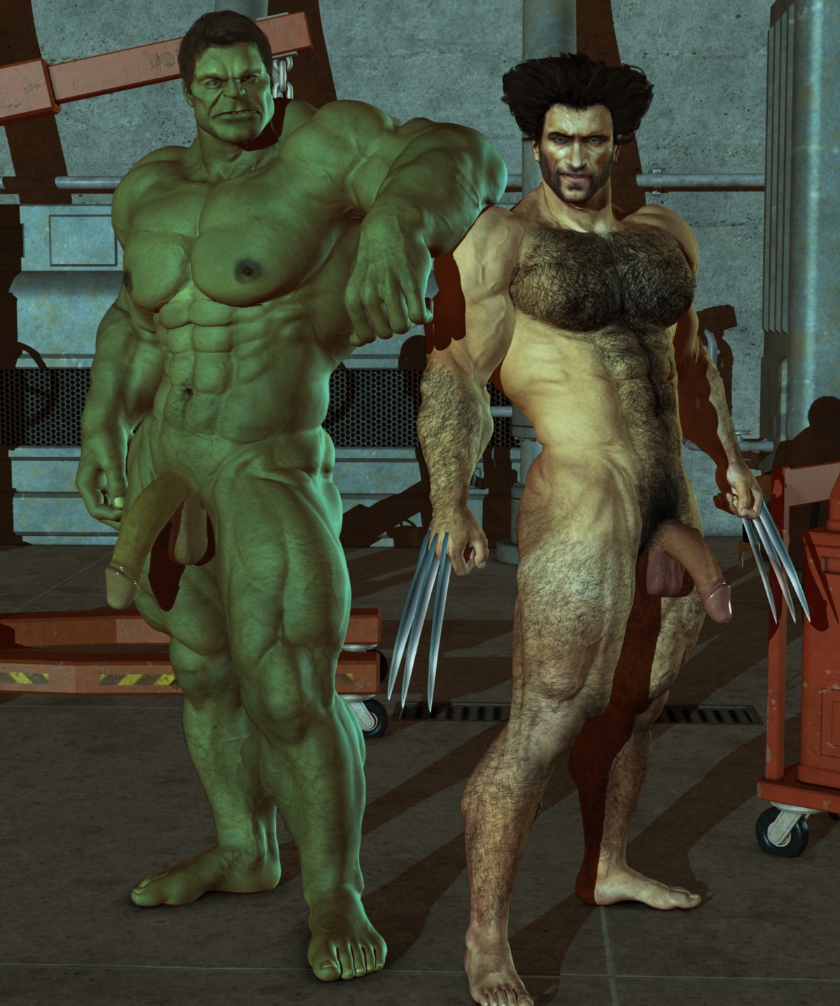 2boys 3d balls barefoot black_hair body_hair claws erect_nipples feet flaccid gay green-skinned_male green_skin hulk hulk_(series) human james_howlett light-skinned_male light_skin looking_at_viewer male male_only marvel marvel_comics mature multiple_males multiple_penises mutant nipples nude penis penis_size_difference retractable_claws rule34 size_difference standing testicles wolverine_(x-men) x-men yaoi yolco