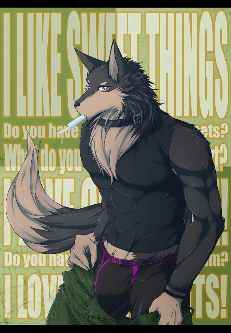 5_fingers abs anthro black_bars boxer_briefs briefs bulge canid canine canis clothed clothing collar detailed_bulge domestic_dog e621 english_text fingers food food_fetish genital_outline ig1119 kemono letterbox looking_at_viewer male mammal muscular muscular_anthro muscular_male penis_outline popsicle purple_eyes solo suggestive suggestive_food tail text underwear undressing