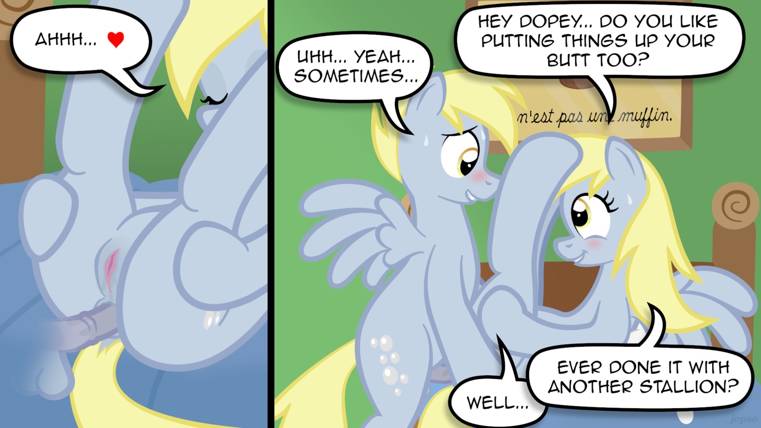 16:9 2013 amber_eyes anal anal_penetration anus balls bed blonde_hair bodily_fluids comic crossgender derpy_hooves_(mlp) dialogue duo e621 english_text equid equine erection feathered_wings feathers female female_penetrated feral food friendship_is_magic ftm_crossgender fur furniture genital_fluids genitals grey_body grey_feathers grey_fur hair hasbro hi_res jepso male male/female male_penetrating male_penetrating_female mammal muffin my_little_pony mythological_creature mythological_equine mythology nude pegasus penetration penis pillow selfcest sex square_crossover sweat tail text vaginal_fluids vulva widescreen wings