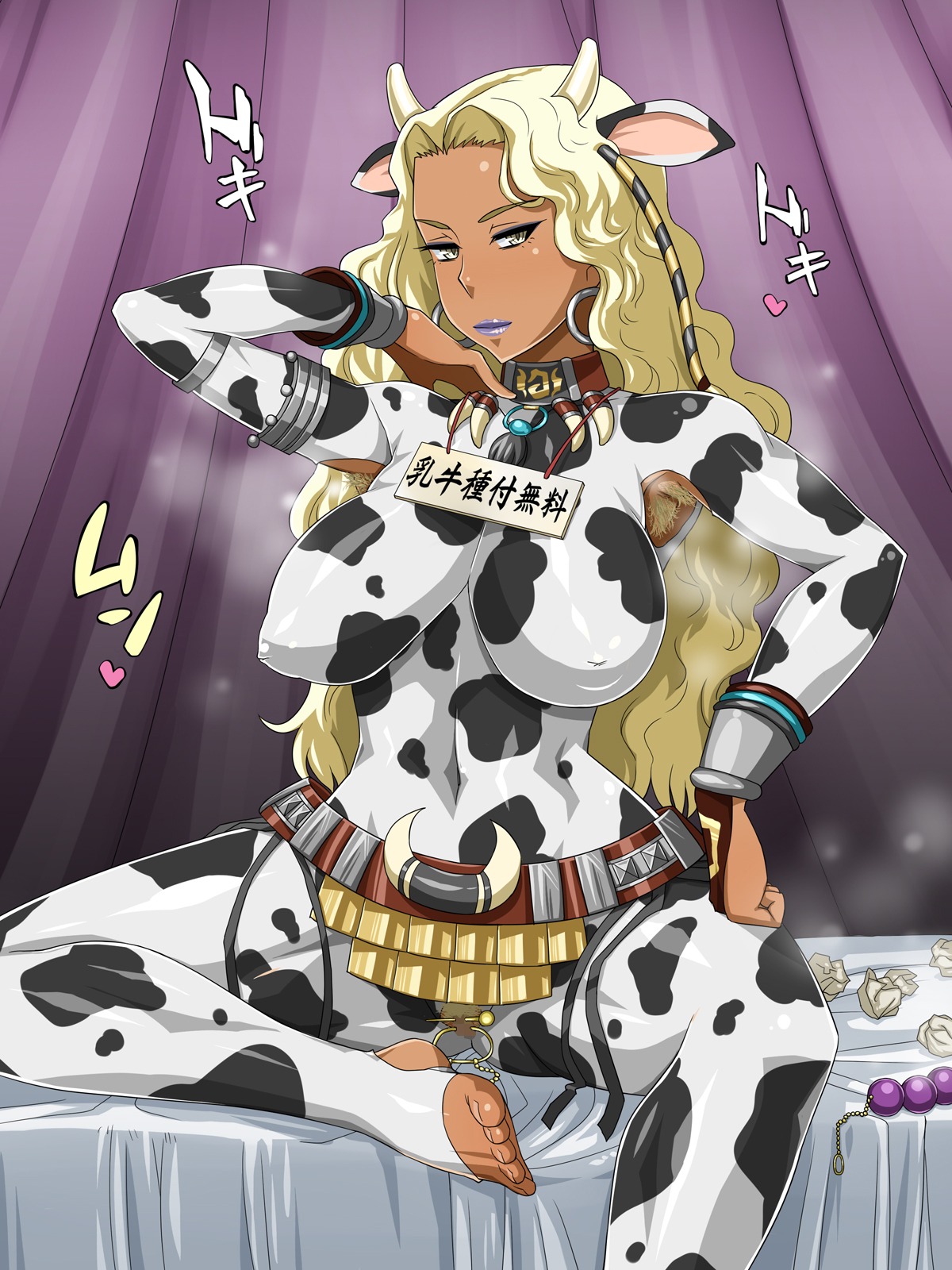 adjusting_hair animal_ear armpit_hair armpits beads bed_sheet belt blonde_hair bodysuit breasts clit_piercing clitoris clitoris_piercing cow_accoutrements cow_ear cow_girl cow_print dark-skinned_female dark_skin dynasty_warriors enoshima_iki feet female female_armpit_hair highres horns impossible_clothes impossible_clothing impossible_shirt large_breasts lipstick long_hair looking_at_viewer makeup moo_bitch navel nipples piercing pointy_chin pussy rule34 sheets shin_sangoku_musou sitting skin_tight smell solo steam tissue tissues toeless_socks toes toy toys zhu_rong