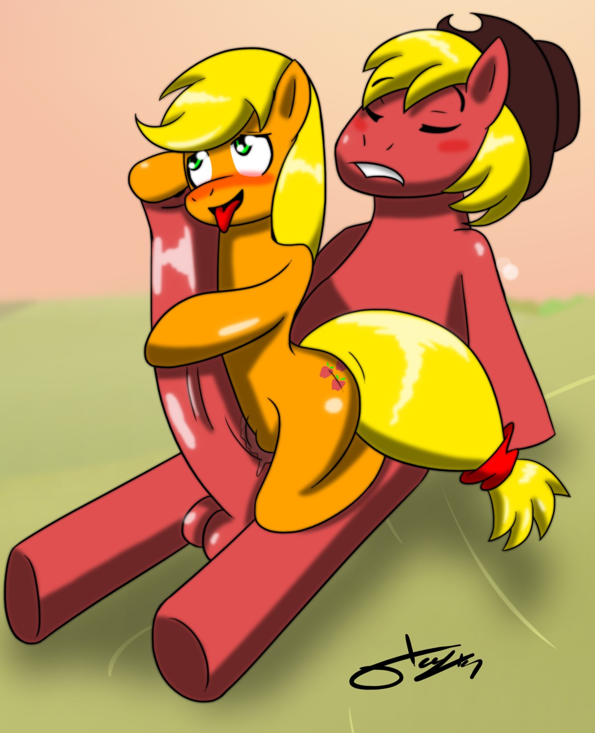animal_genitalia animal_penis applejack_(mlp) balls big_macintosh_(mlp) big_penis blonde_hair blush bodily_fluids brother_(lore) brother_and_sister_(lore) clothing cowboy_hat cutie_mark duo e621 earth_pony equid equine equine_genitalia equine_penis erection eyes_closed female feral feral_on_feral friendship_is_magic fur genital_fluids genitals green_eyes grinding hair hasbro hat headgear headwear hi_res horse huge_penis incest_(lore) long_hair looking_up male male/female mammal my_little_pony open_mouth orange_body orange_fur otakon_(artist) penis pony pussyjob red_body red_fur sex sibling_(lore) signature sister_(lore) sitting teeth tongue tongue_out vaginal_fluids vulva