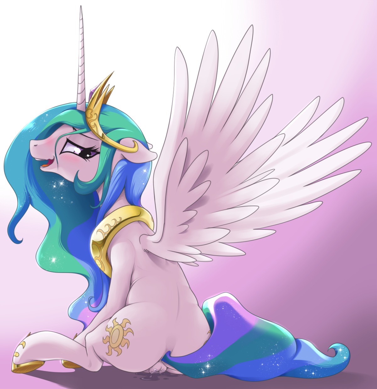 2014 anus blush bodily_fluids colored crown cutie_mark digital_media_(artwork) e621 equid equine feathered_wings feathers female feral friendship_is_magic fur genital_fluids genitals hair hasbro headgear hi_res horn long_hair mammal multicolored_hair my_little_pony mythological_creature mythological_equine mythology open_mouth pink_eyes princess_celestia_(mlp) simple_background sitting smile solo stoic5 vaginal_fluids vulva wet white_body white_feathers white_fur winged_unicorn wings