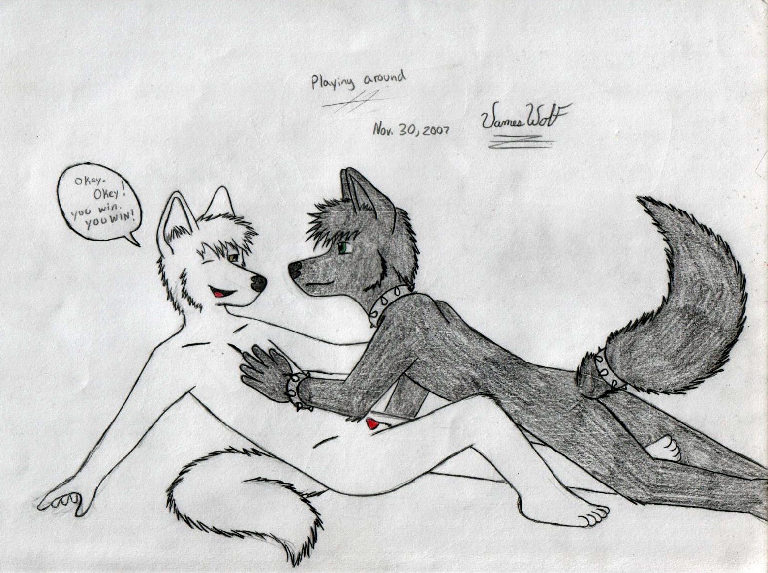 2007 anthro black_body black_fur canid canine canis dialogue duo e621 english_text fur green_eyes james_wolf james_wolf_(artist) love male male/male mammal tail text white_body white_fur wolf yellow_eyes