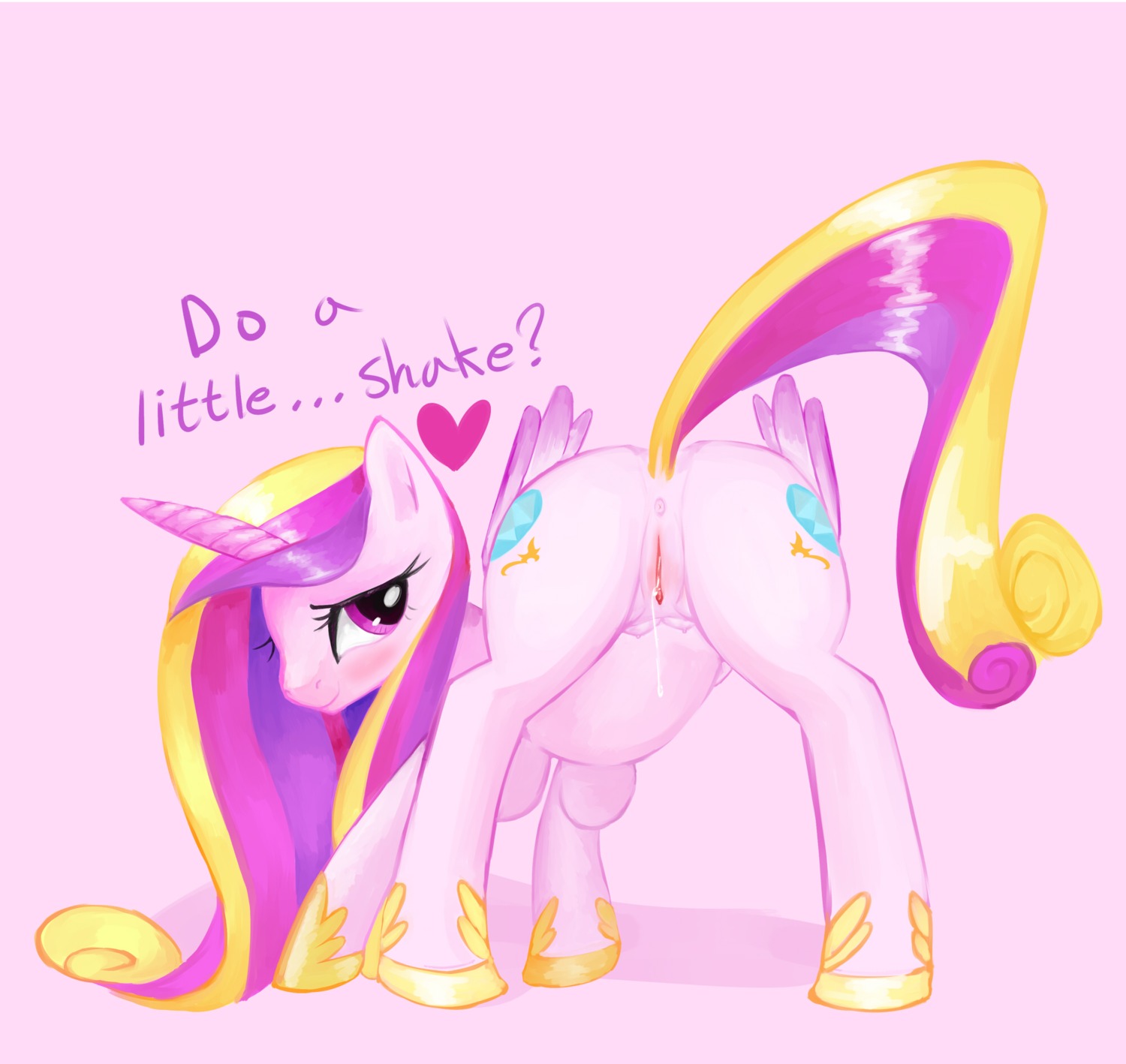 anatomically_correct anatomically_correct_genitalia anatomically_correct_vulva animal_genitalia animal_vulva anus ass_up bent_over blush bodily_fluids butt cutie_mark dialogue digital_media_(artwork) dripping e621 english_text equid equine equine_genitalia equine_vulva feathered_wings feathers female feral friendship_is_magic genital_fluids genitals hair happy hasbro heart_symbol hi_res horn looking_at_viewer looking_back mammal multicolored_hair my_little_pony mythological_creature mythological_equine mythology nude pink_background pink_body pink_eyes pink_feathers pink_theme ponylicking presenting presenting_hindquarters presenting_vulva princess_cadance_(mlp) quadruped shaded simple_background smile solo standing tail teats text vaginal_fluids vulva winged_unicorn wings