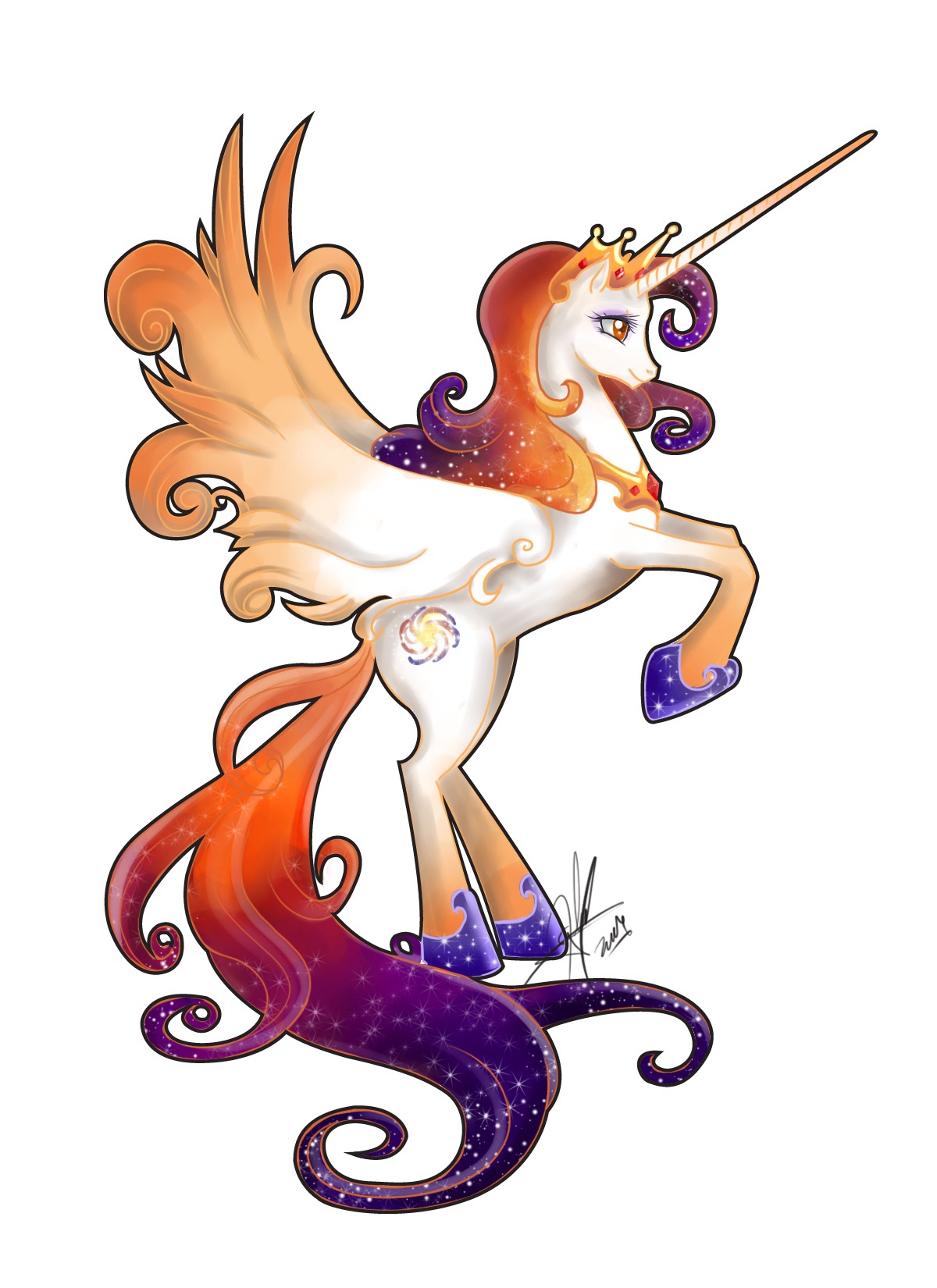 armor cosmic_hair crown cutie_mark e621 equid equine ethereal_hair fan_character feathered_wings feathers female feral friendship_is_magic hair hasbro headgear hi_res horn ladyamaltea mammal multicolored_hair my_little_pony mythological_creature mythological_equine mythology on_hind_legs orange_body orange_eyes orange_feathers orange_hair pseudo_hair quadruped queen_galaxia simple_background solo tail white_background white_body white_feathers winged_unicorn wings